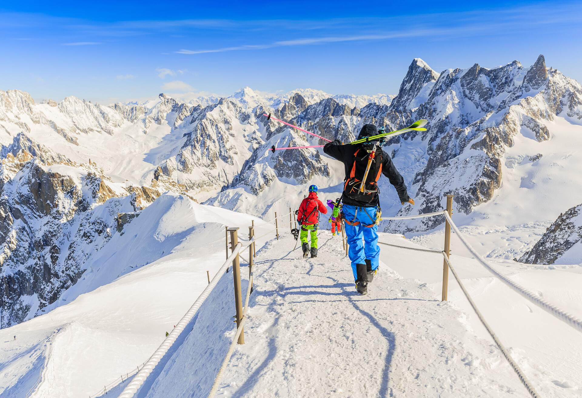 Grand Jorasses and freeriders, extreme ski, Aiguille du Midi, French Alps; Shutterstock ID 258732011; Purpose: ; Brand (KAYAK, Momondo, Any):