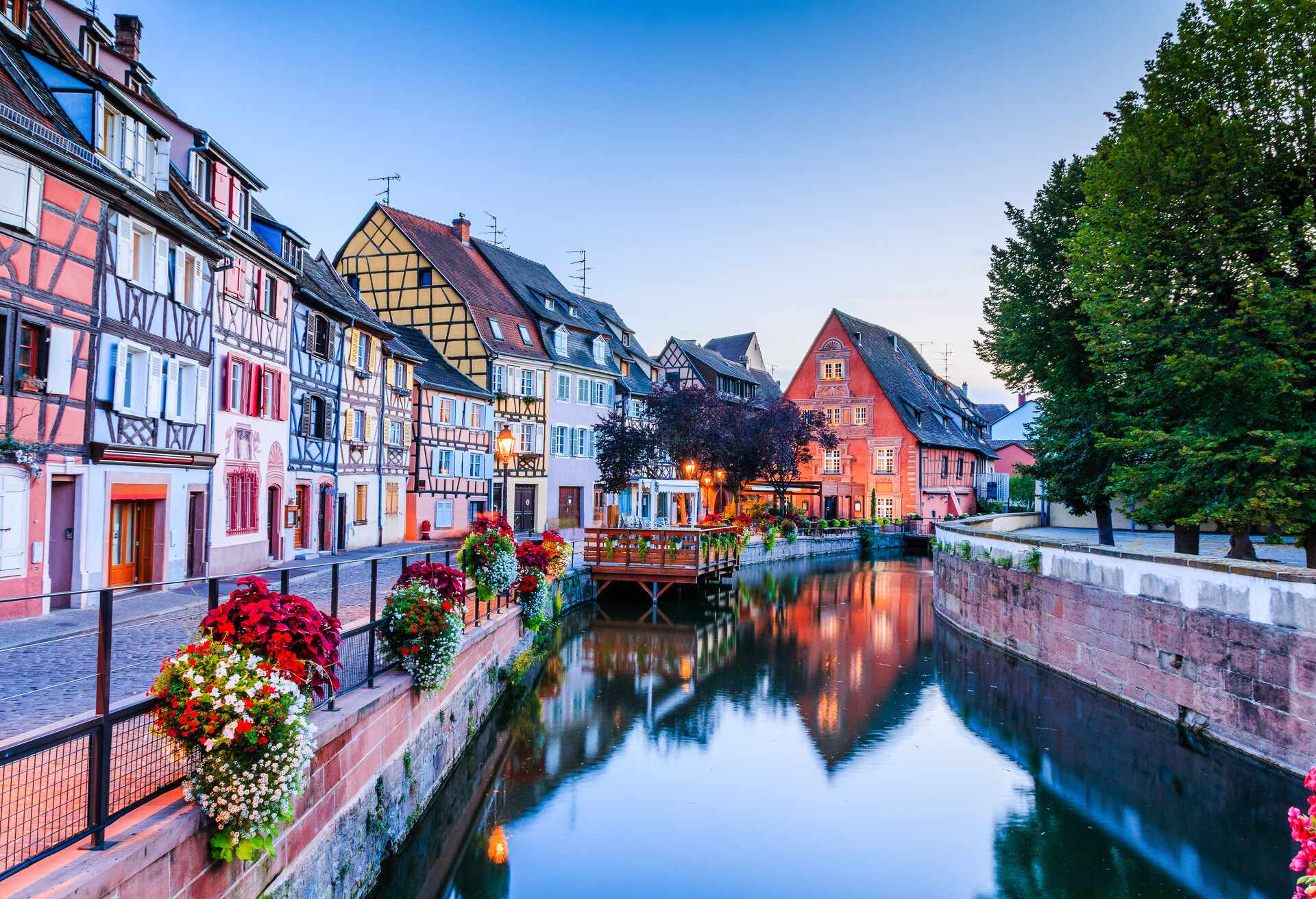 Colmar, Alsace, France. Petit Venice, water canal and traditional half timbered houses.