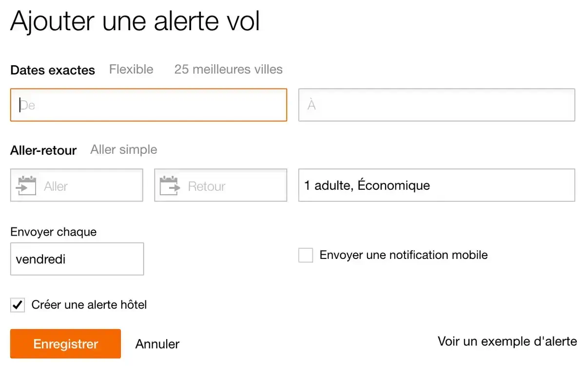 Utilisez les Alertes KAYAK pour surveiller le prix des vols sur une période spécifique