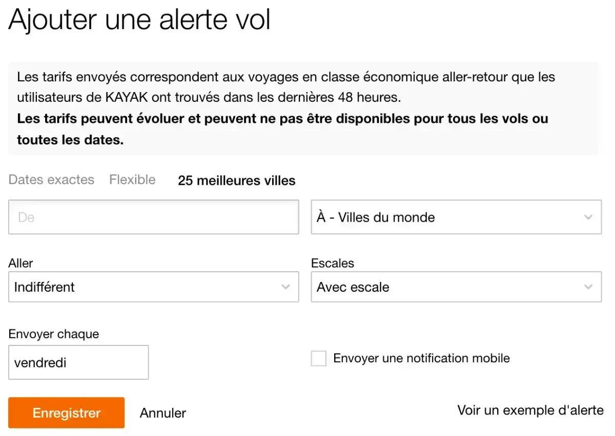 Créez une Alerte de prix KAYAK pour surveiller les tarifs des vols vers les villes les plus populaires