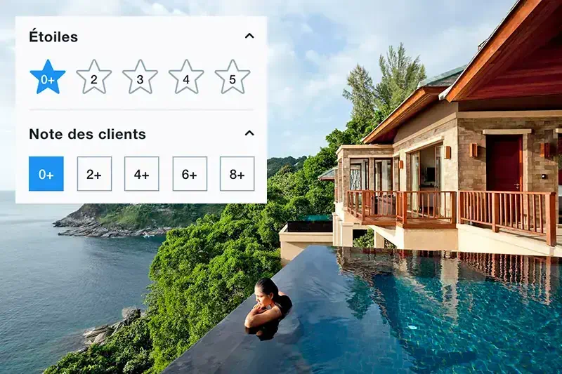 utilisez les filtres KAYAK "Étoile" et "Avis" afin de trouver plus facilement l'hôtel qu'il vous faut