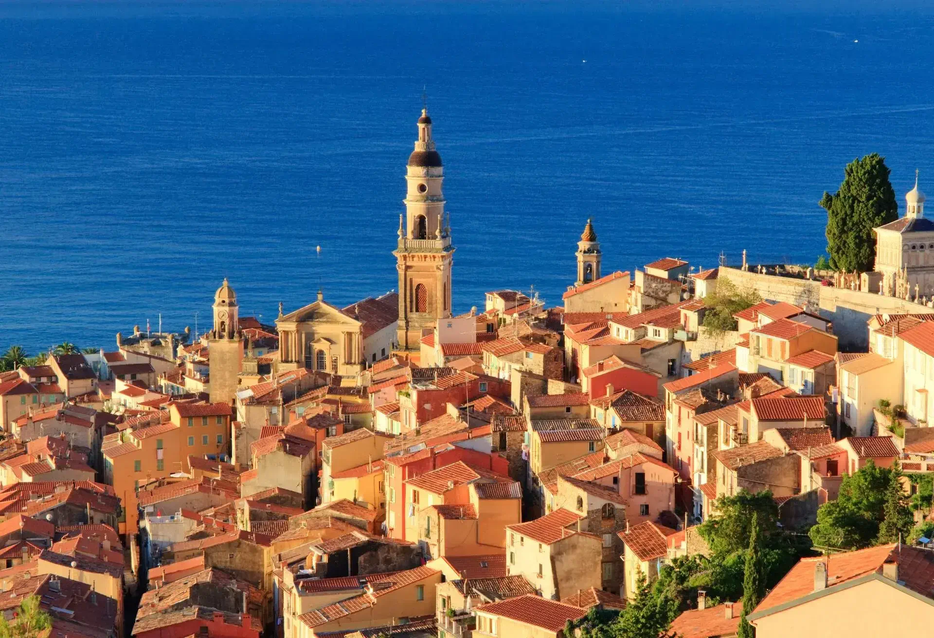 High angle of small town of Menton, overlooking the mediterranean sea. Cote d’Azur, French Riviera, France. 