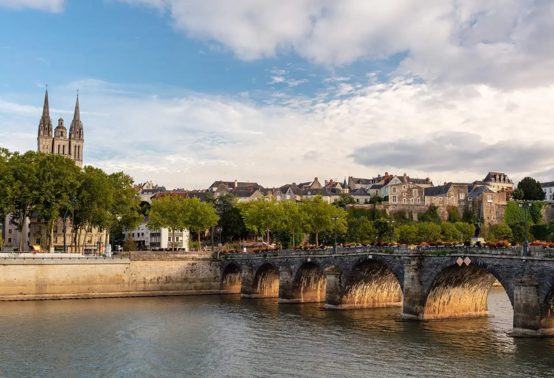 The Pont de Verdun crossing the Maine River leading into the historic city centre of Angers, France. 