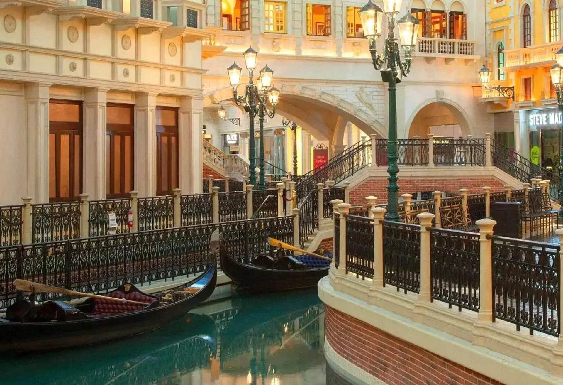 A photo of gondolas in a channel at the Venetian Resort in Las Vegas, USA.
