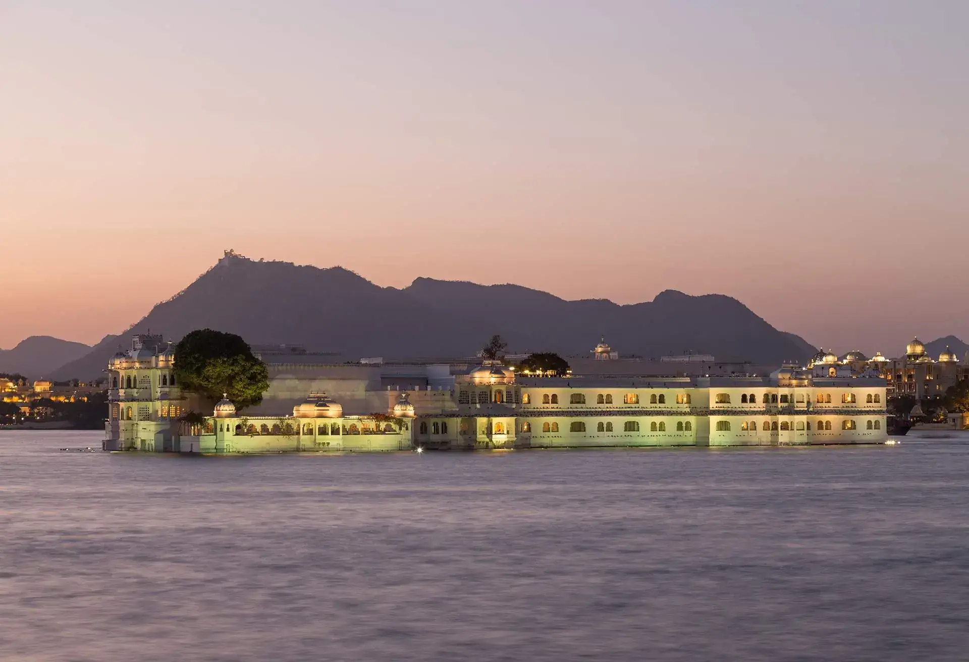 A photo of the Taj Lake Palace hotel in India.