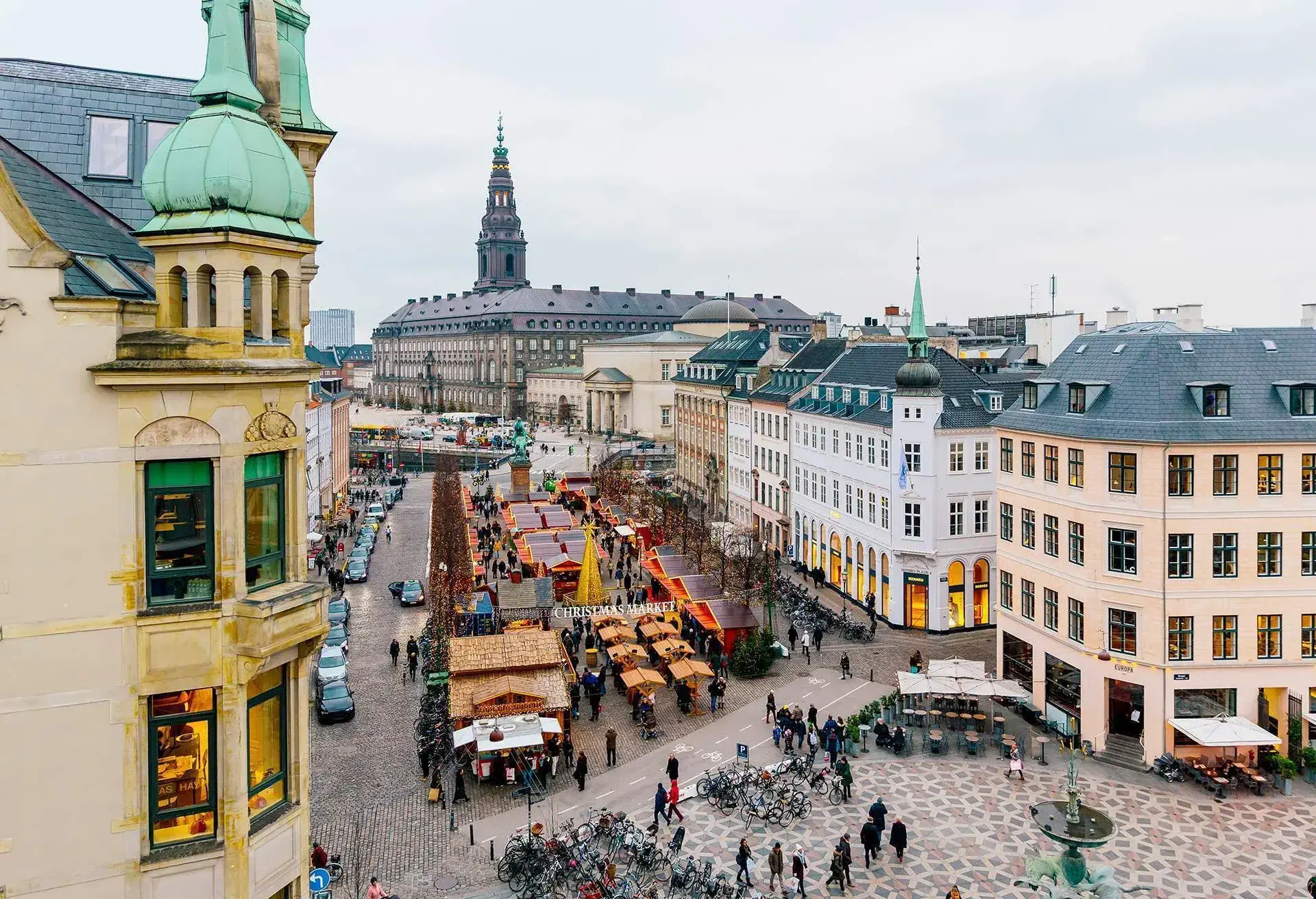 Daylight aerial view of Christmas Market in winter. 