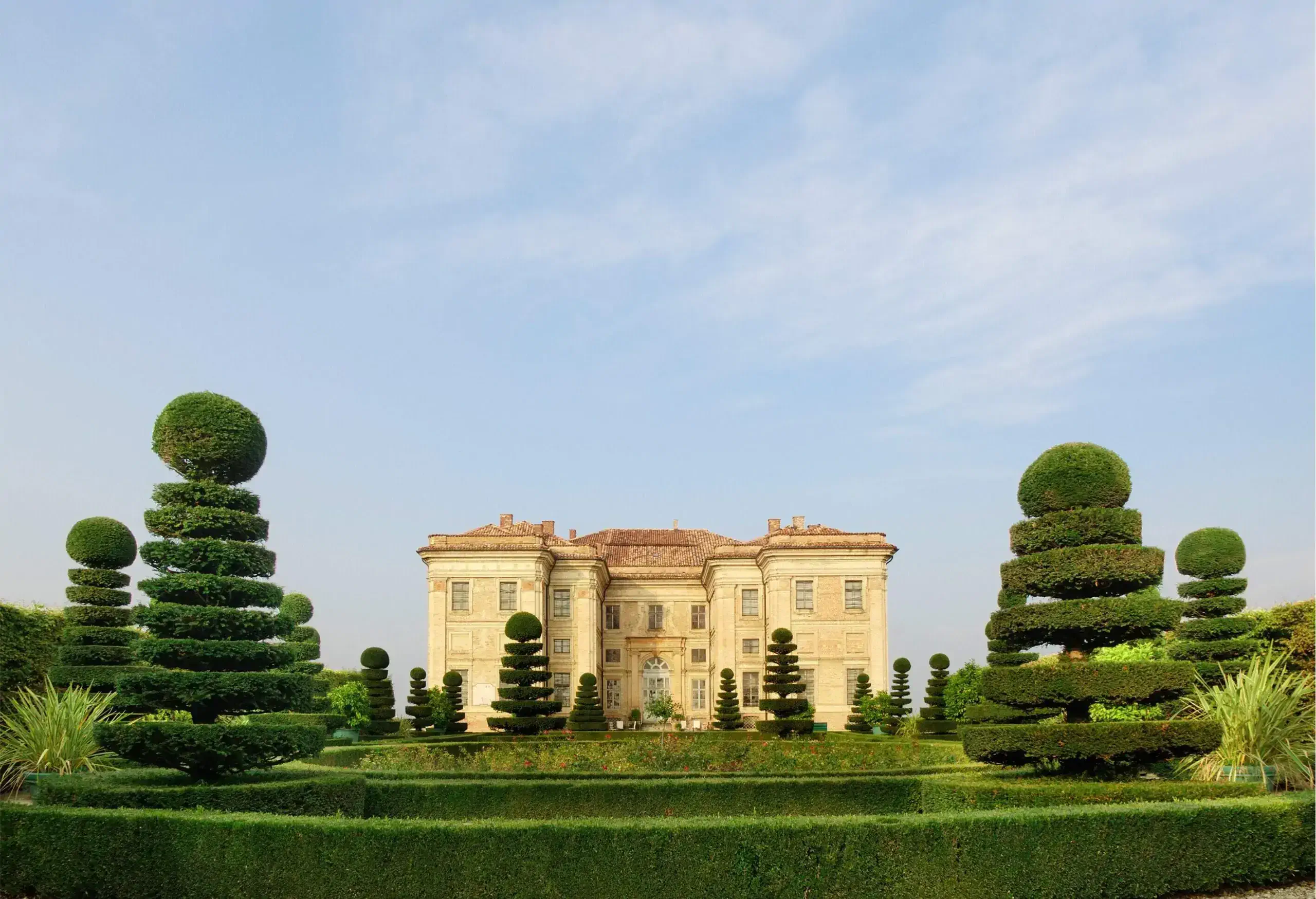 View of the extorior or the Castello di Guarene in Italy