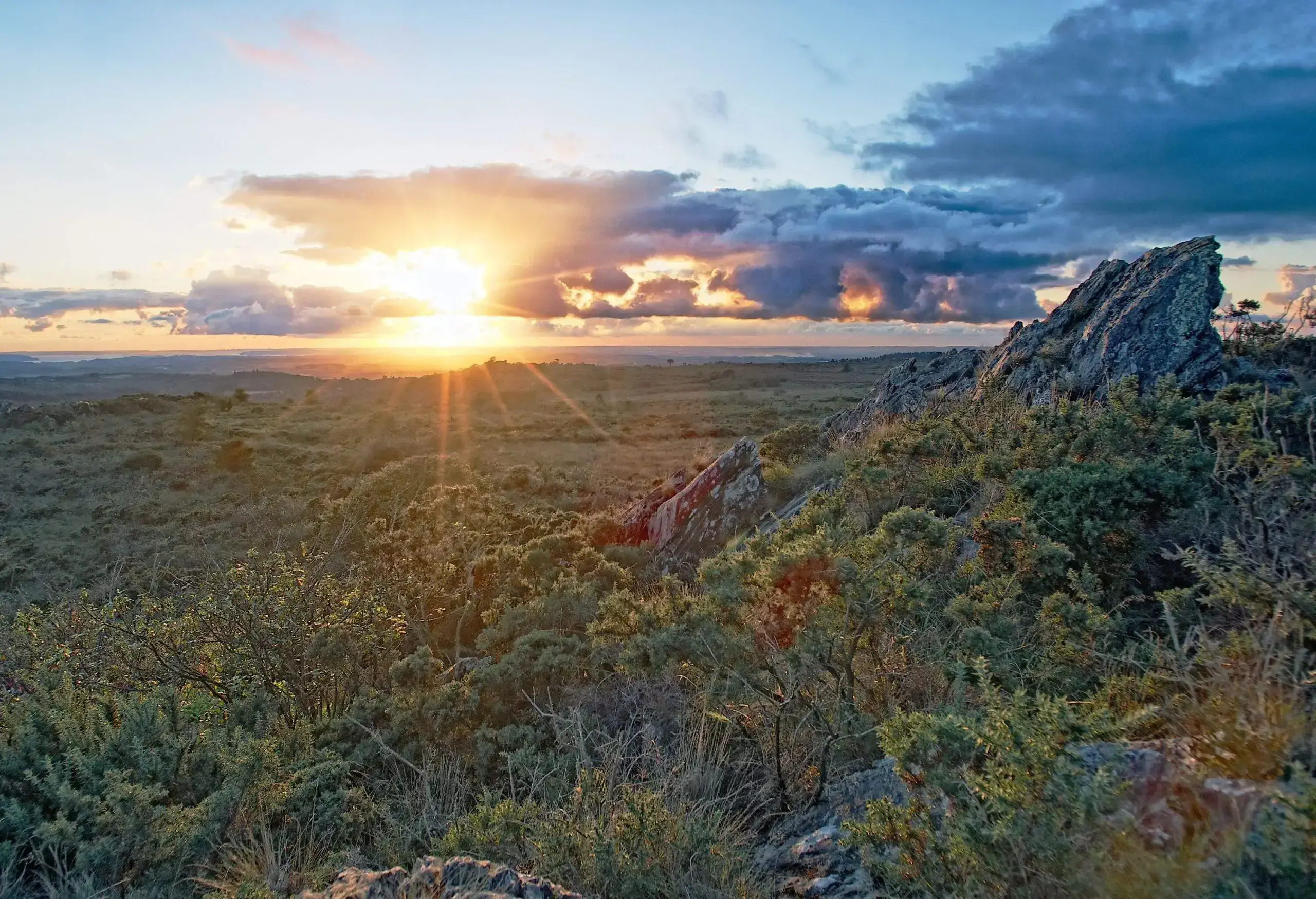 Sunset and landscape of the Mont d'Arrée, in Bretagne.