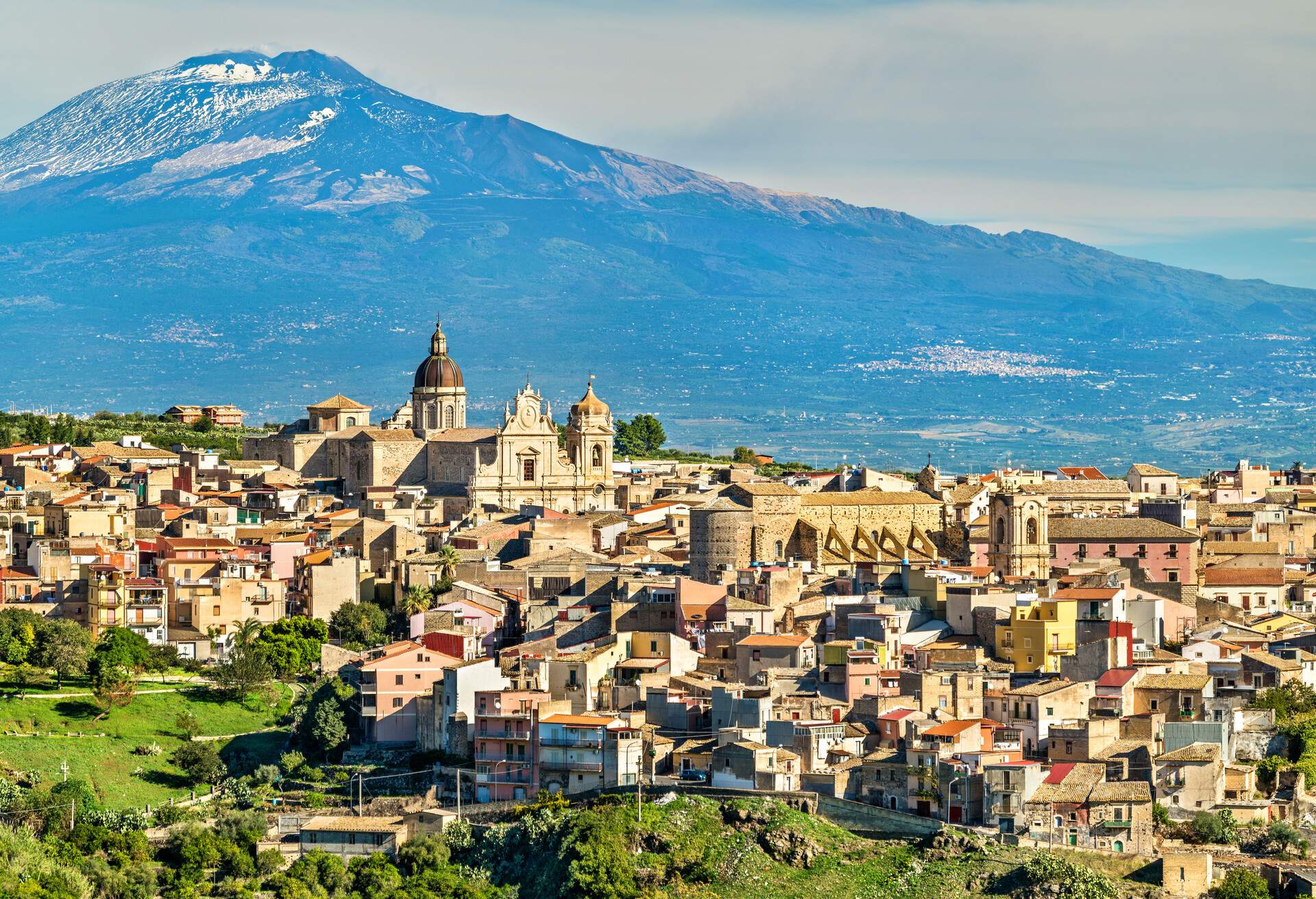 View of Militello in Val di Catania with Mount Etna in the background - Sicily, Southern Italy