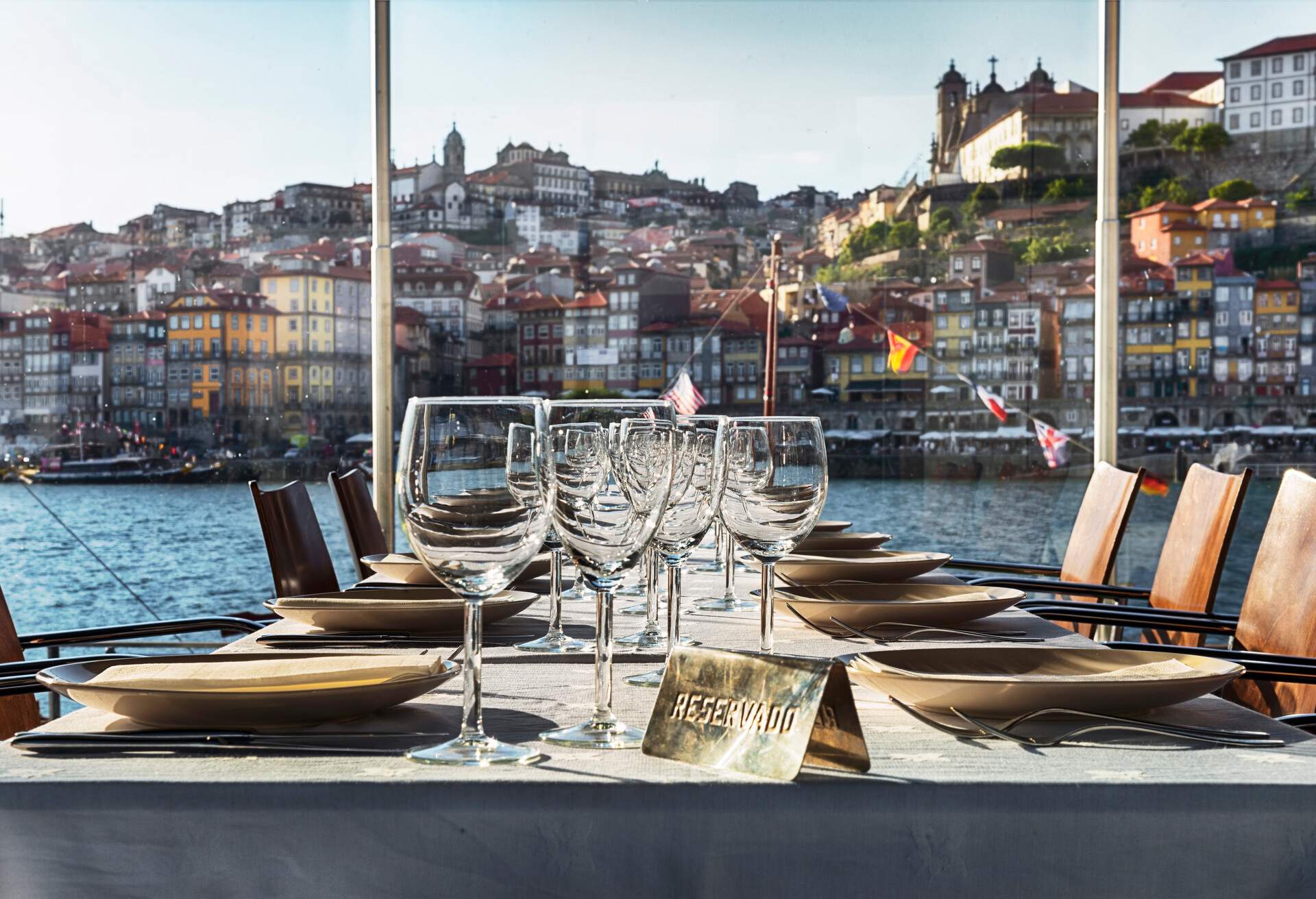 Dining table at the restaurant in Porto. Old town in the background.