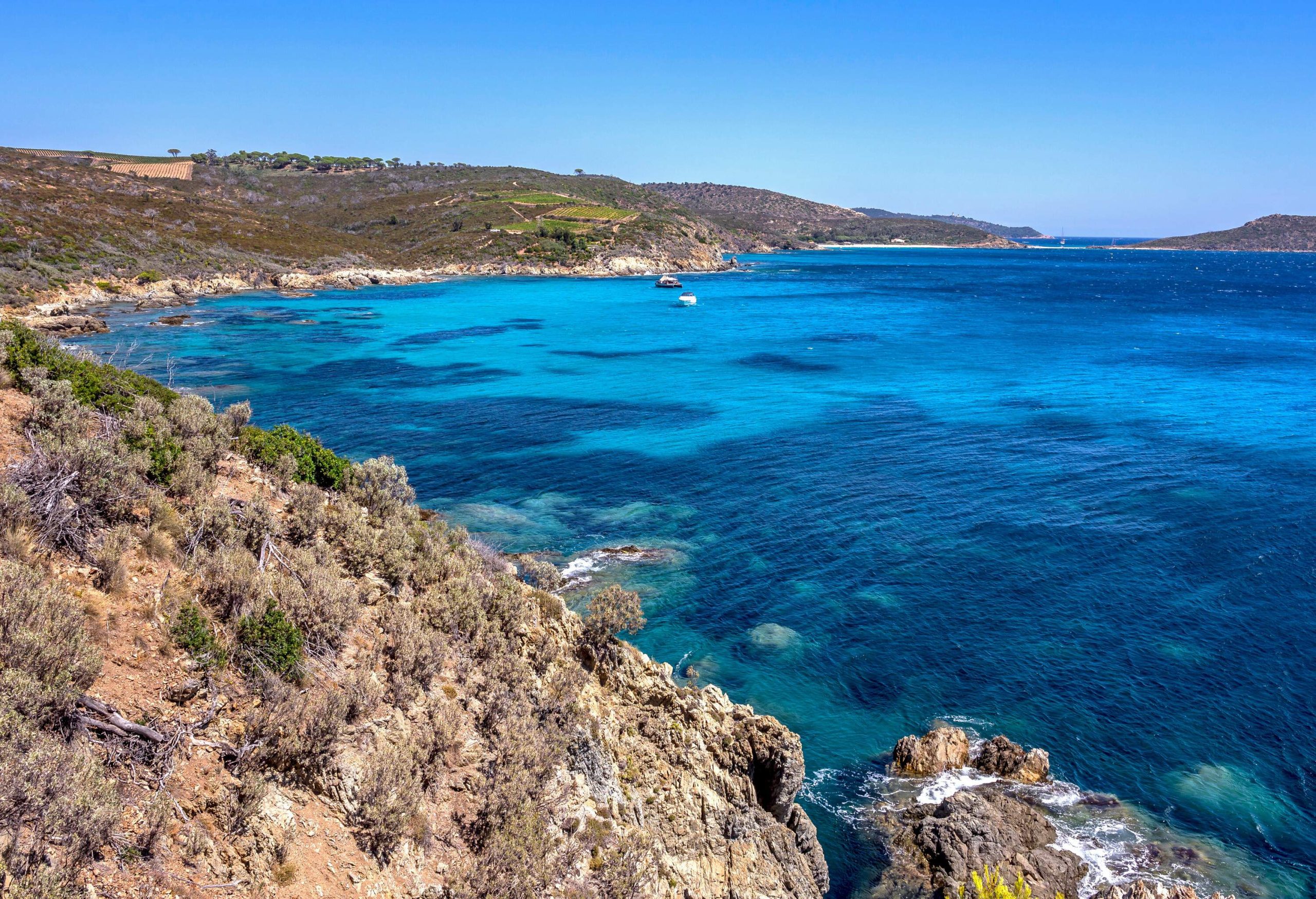 Wild marine landscape of the rocky coast of Cap Lardier with transparent waters