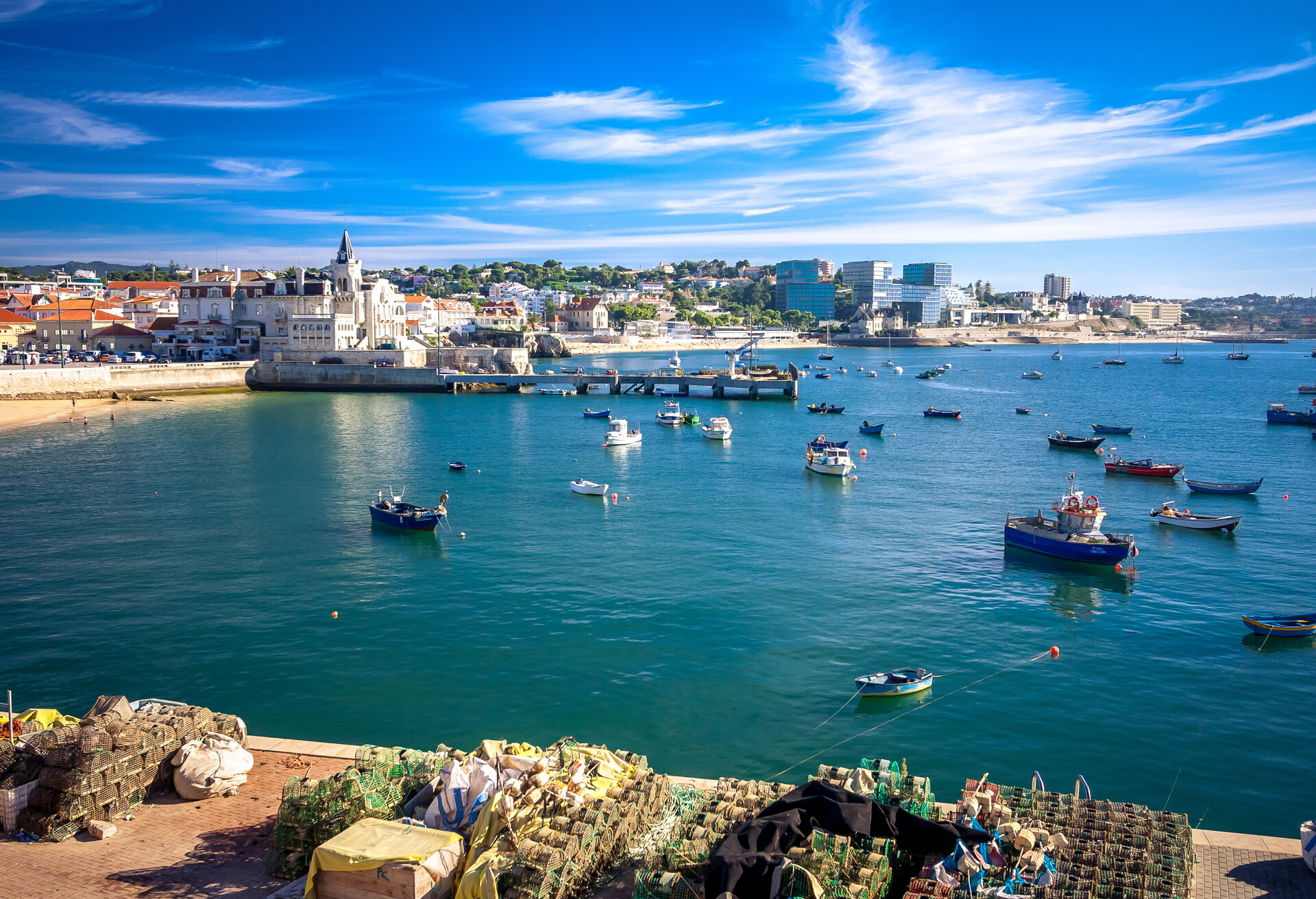 Seaside cityscape of Cascais city in summer day. Cascais municipality, Portugal