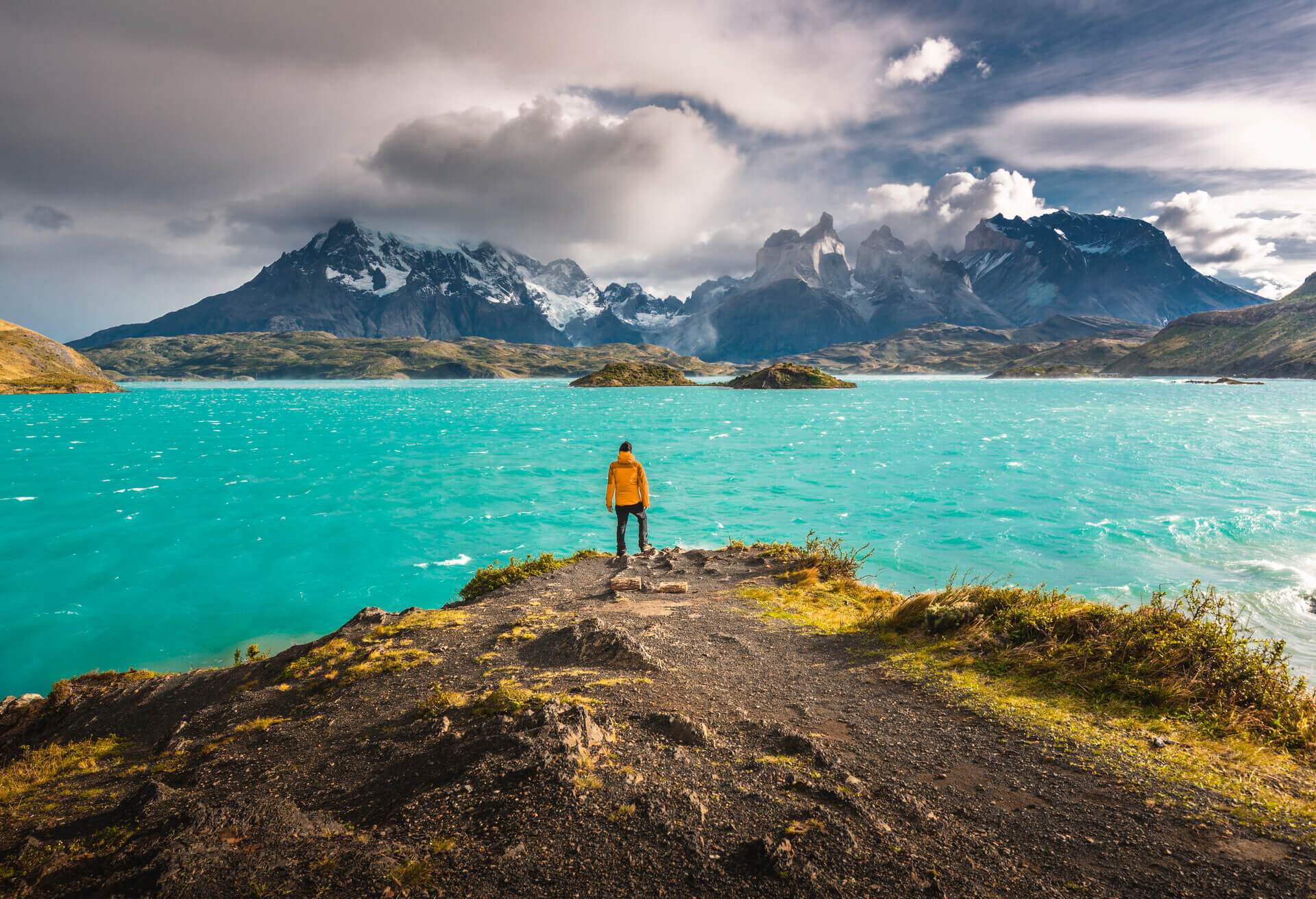 chile magallanes torres del paine national park man person lake mountains
