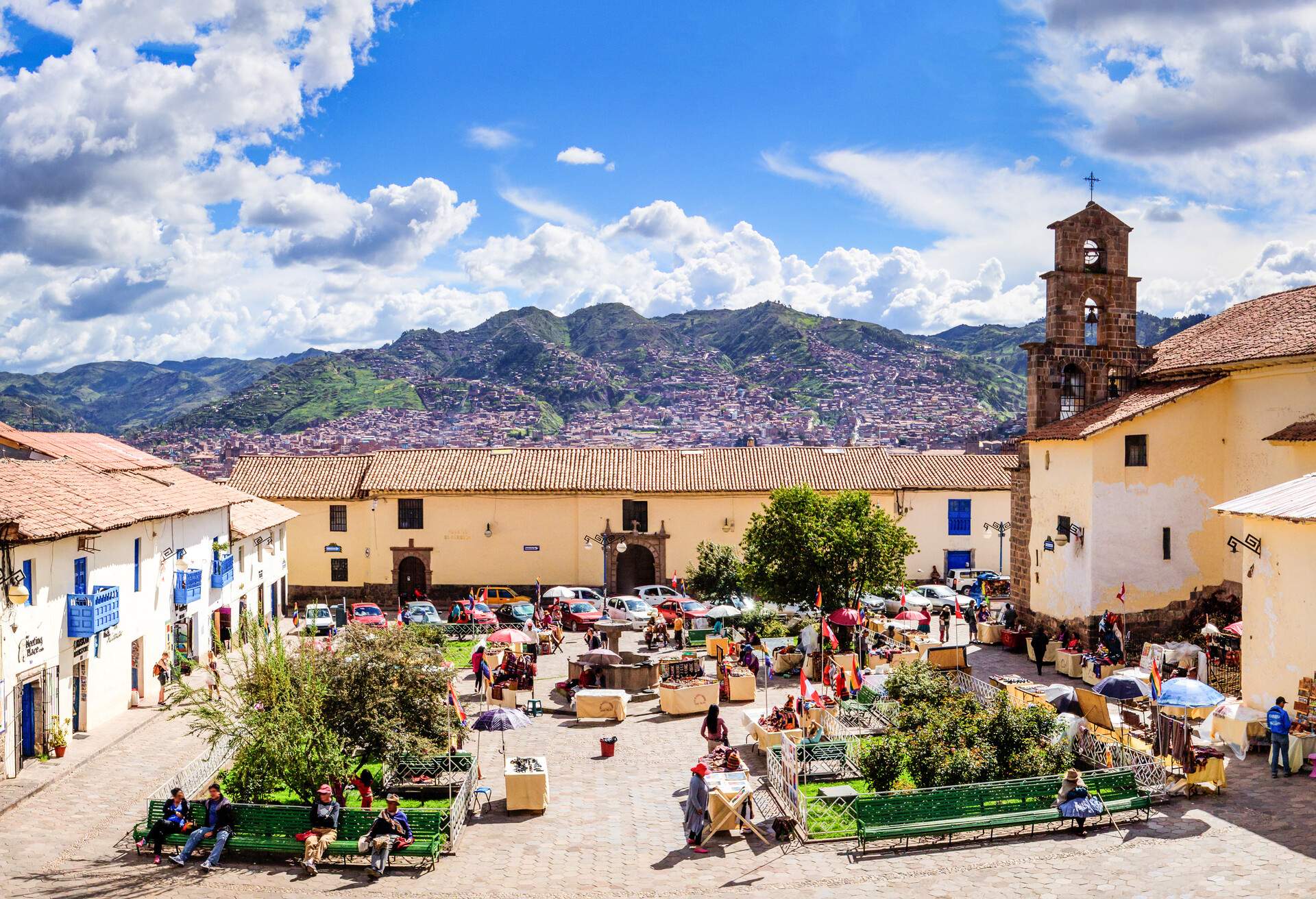 View of San Blas square, Cuzco, Peru..Image taken outdoors, daylight..Several images stitched together, digital composite.