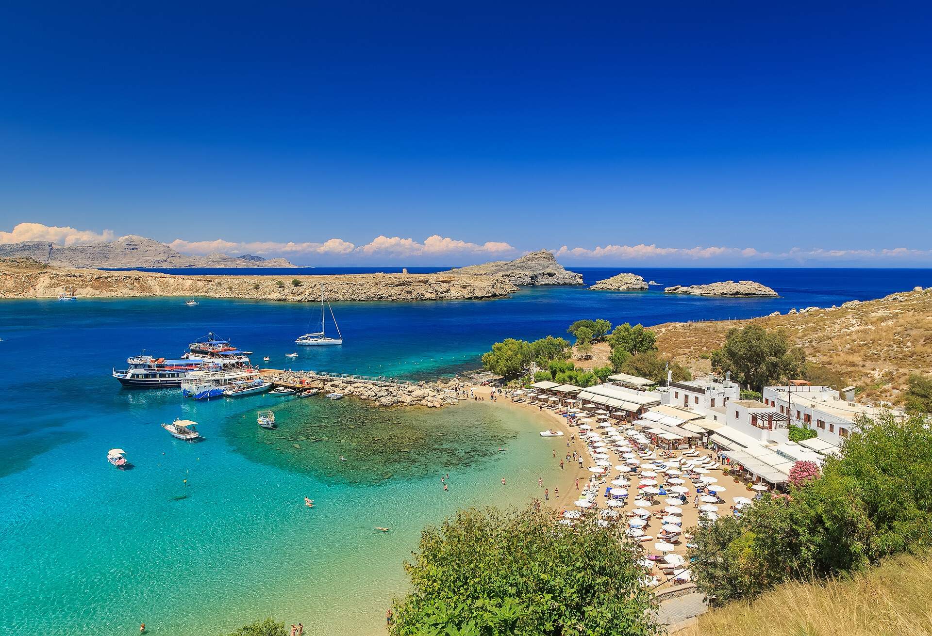 Lindos beautiful bay view from above sunny bright day Rhodes Greece; Shutterstock ID 441789997