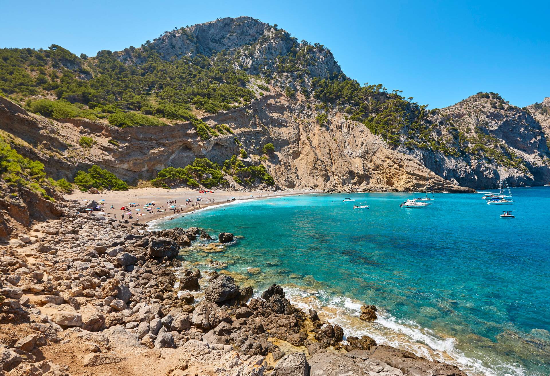Turquoise waters in Mallorca. Coll Baix beach. Mediterranean coastline. Spain