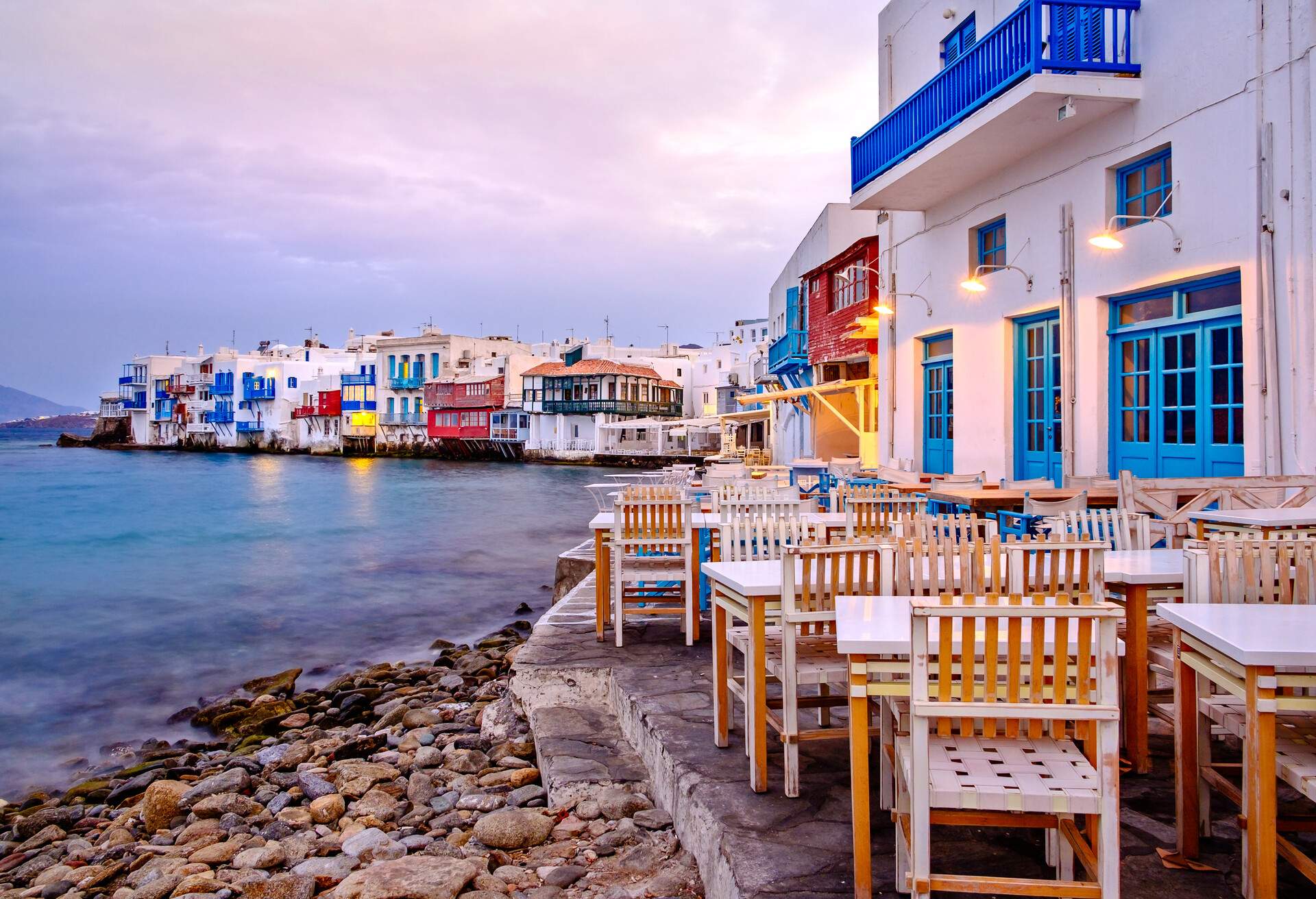 Beautiful sunrise at Little Venice on Mykonos island, Cyclades, Greece