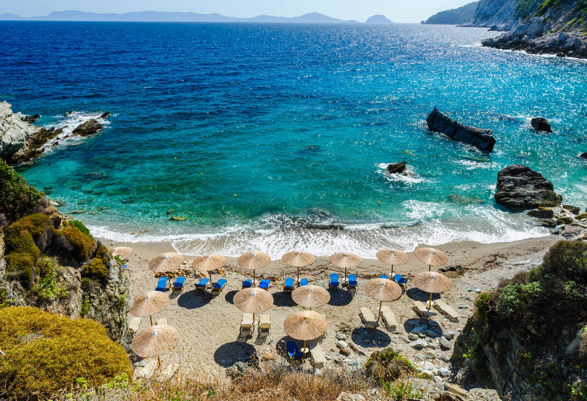 Agios Ioannis beach on Greek island Skopelos in Aegean Sea, located on east side of island, near the famous church on hill