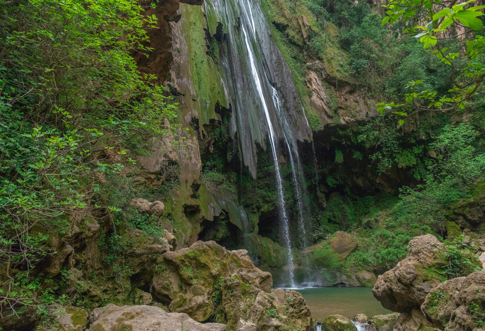 Immersive view of Akchour waterfalls not far from Chefchaouen, the Blue City, in Morocco.