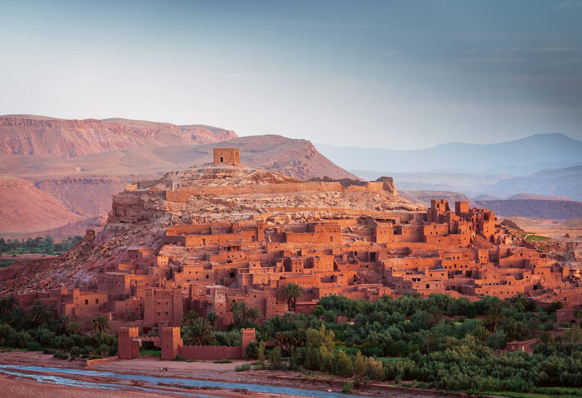 Ouarzazate on the edge of the Sahara desert in Morocco. Taken as dawn broke. Famous for it use as a set in many films such as Lawrence of Arabia, Gladiator, Jewel of the Nile, Kingdom of Heaven, Kundun and Alexander North Africa. Nikon D3x.