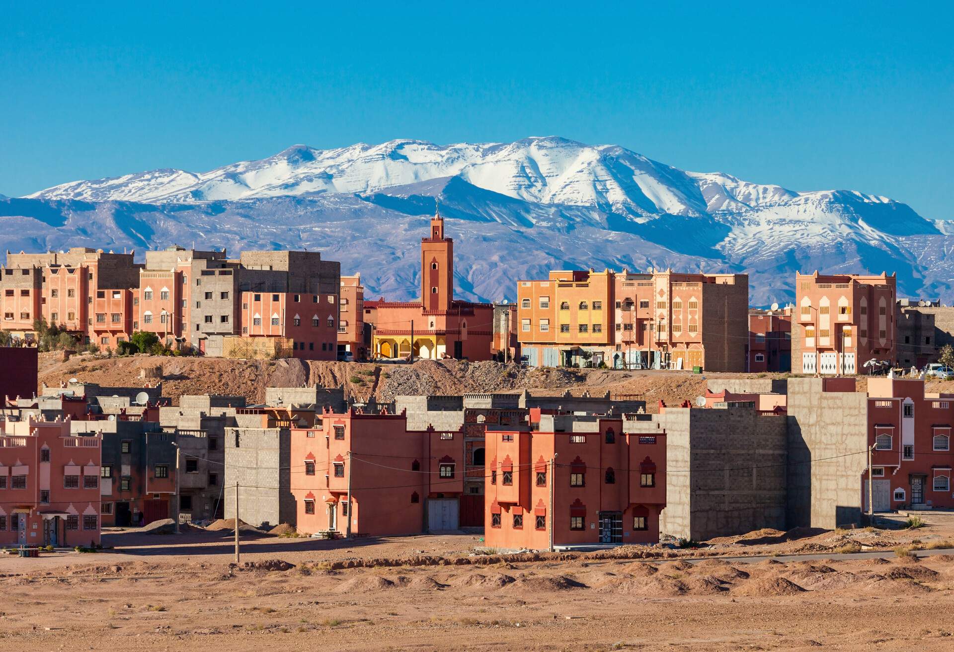 Ouarzazate city and High Atlas Mountains aerial panoramic view, Morocco. Ouarzazate is a city and capital of Ouarzazate Province near Marrakech in Morocco.; Shutterstock ID 400564318; purchase_order: ; job: ; client: ; other: