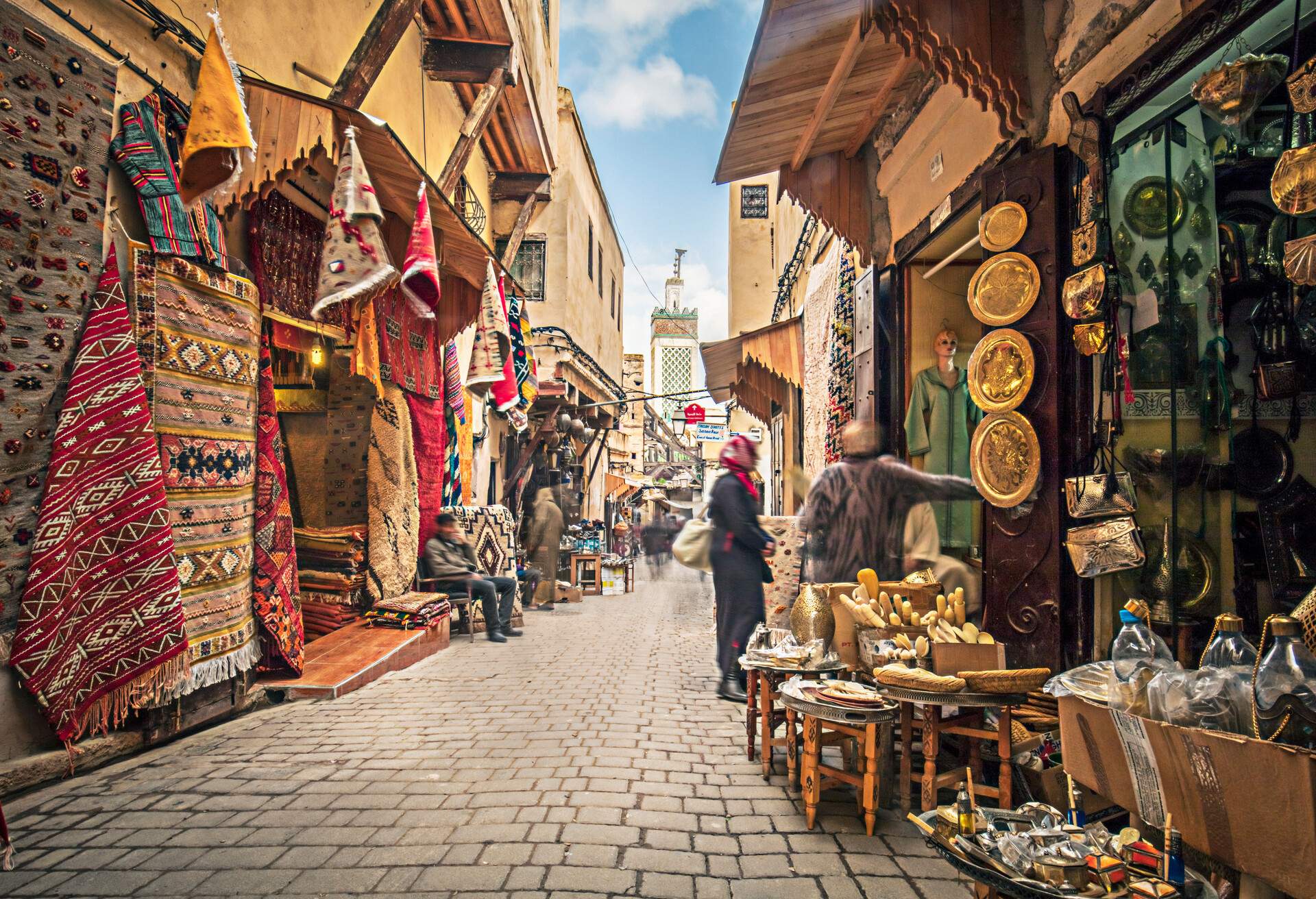 Stores in the medina streets of Fez, Morocco.