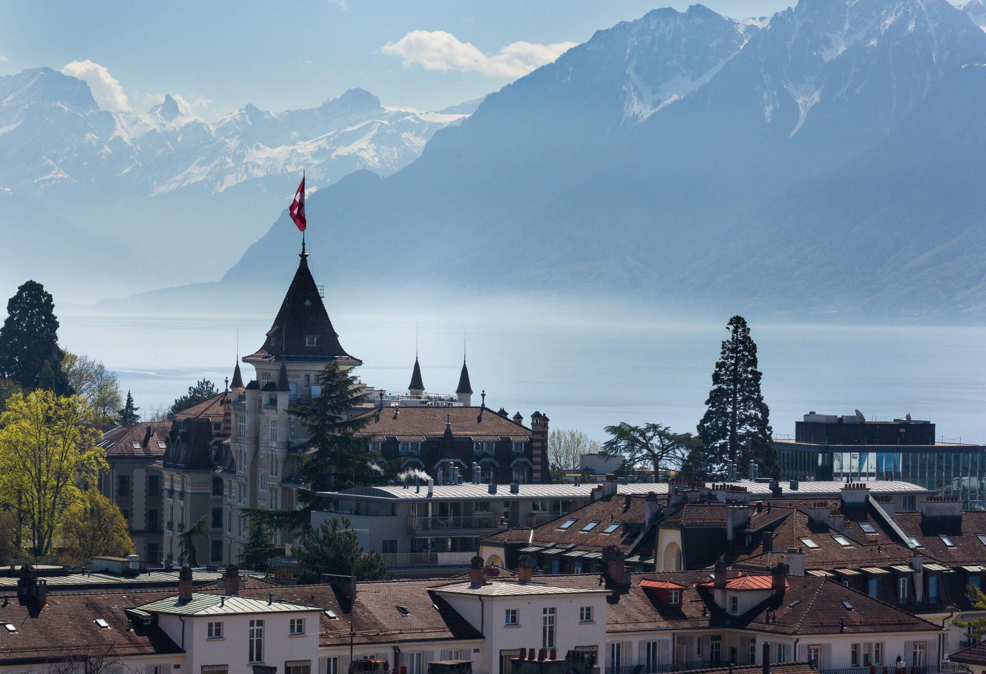 View of Lausanne from above, towards Swiss Alps, Lake Geneva