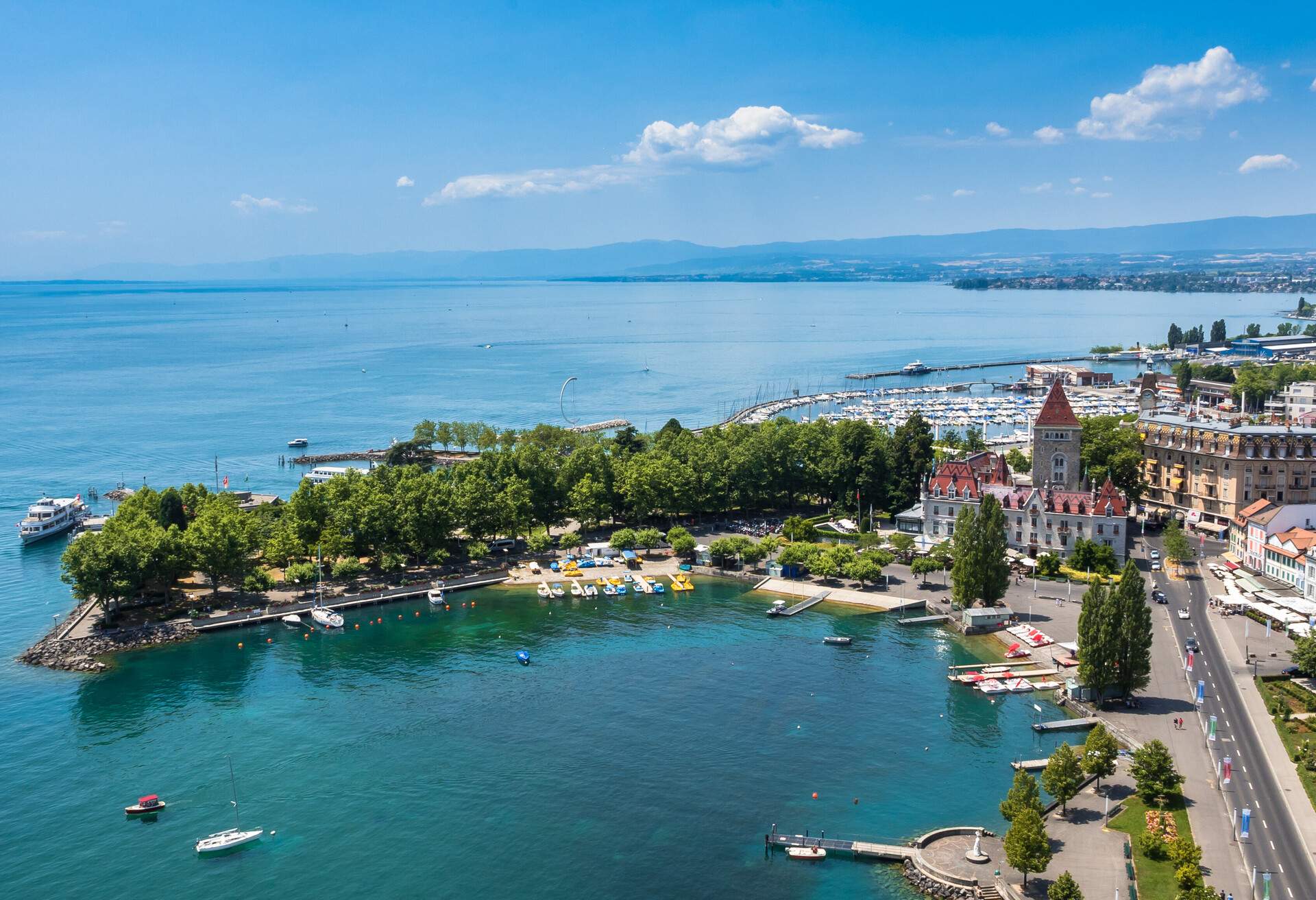 Aerial view of Leman lake -  Lausanne city in Switzerland