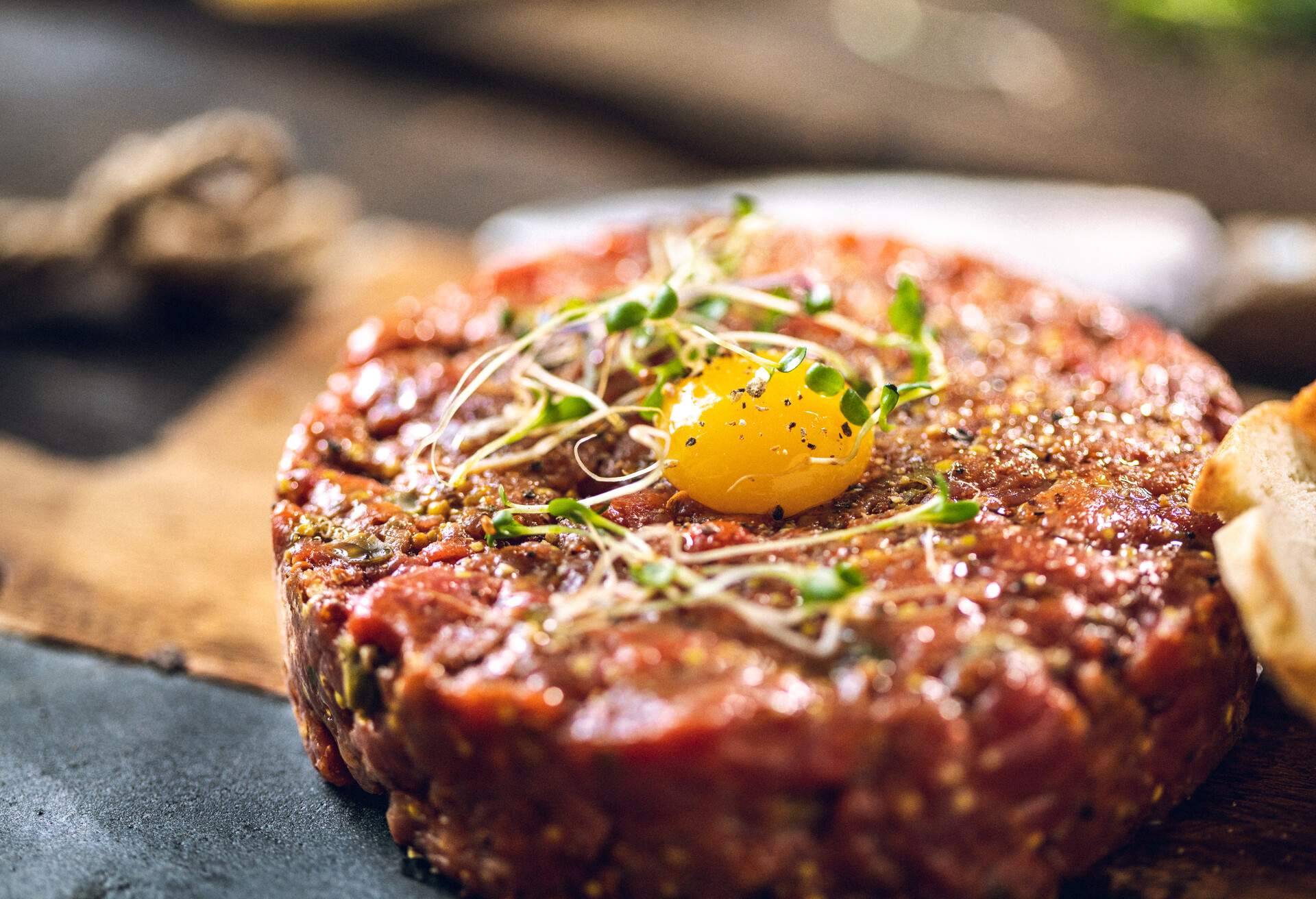 Delicious Beef tartare with quail egg and spices