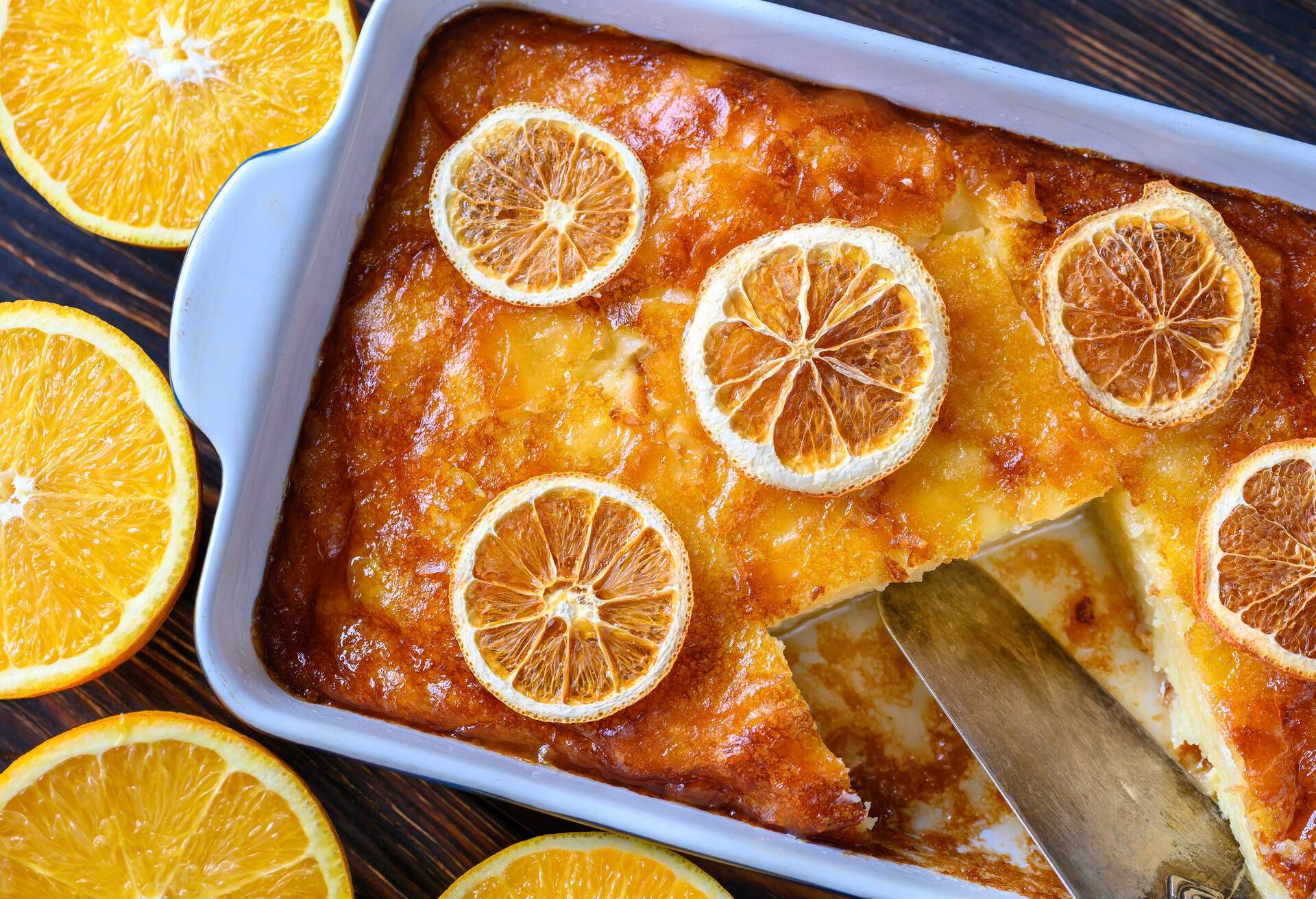 Portokalopita - Greek phyllo orange cake in a baking pan
