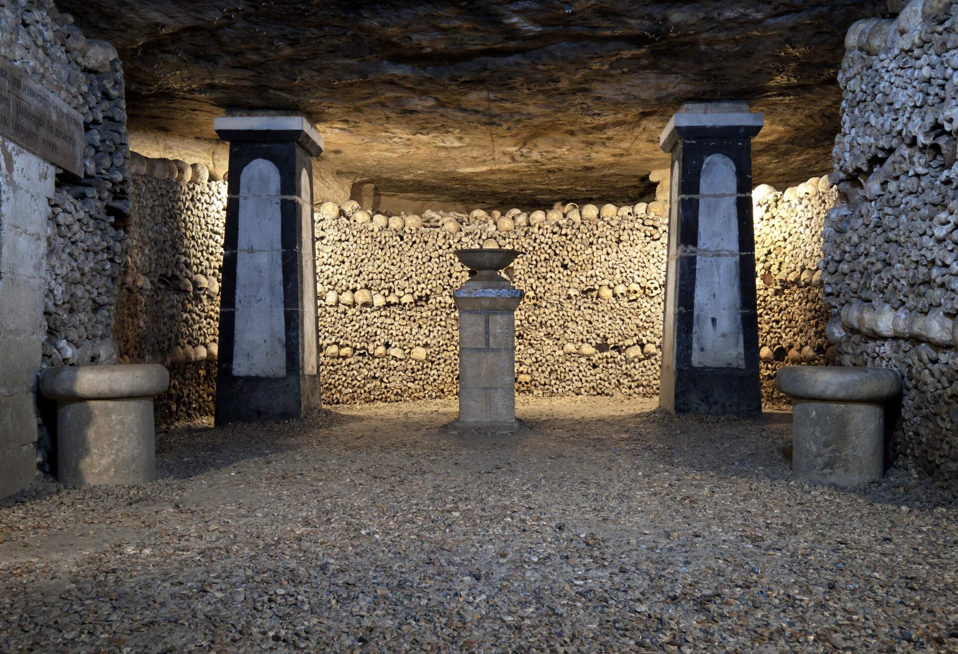 In 1785, Paris decided to solve the problem of its overflowing cemeteries by exhuming the bones of the buried and relocating them to the tunnels of several disused quarries, which were consecrated as a cemetery. It is estimated that about one million bodies are buried here. Paris, France.