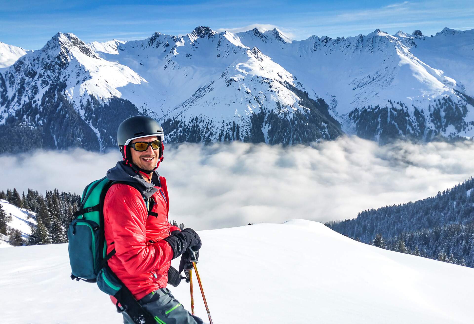 Skier enjoying panoramic view; Shutterstock ID 797422711