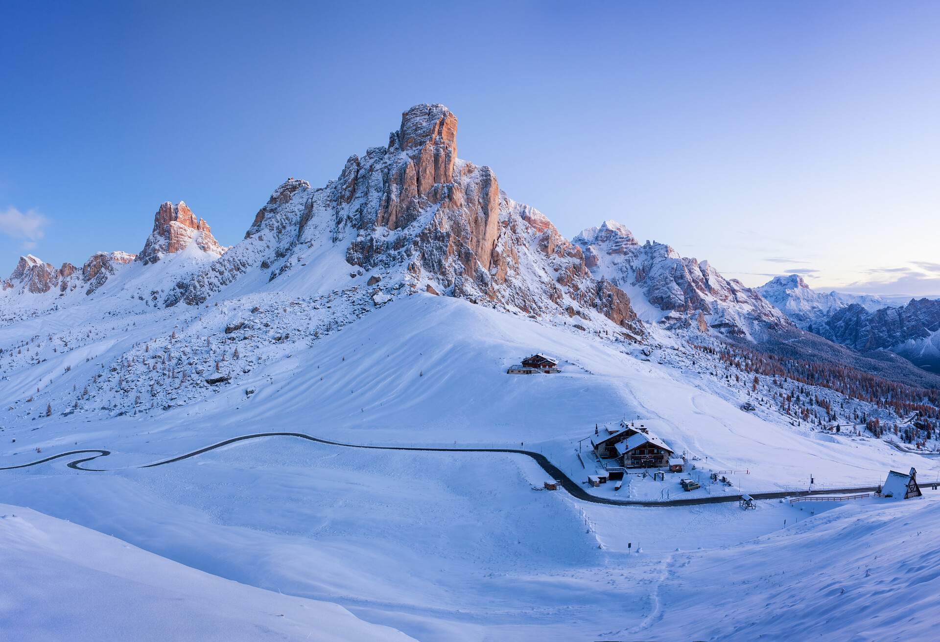 Winter morning landscape of Passo Giau, Dolomites, Italy