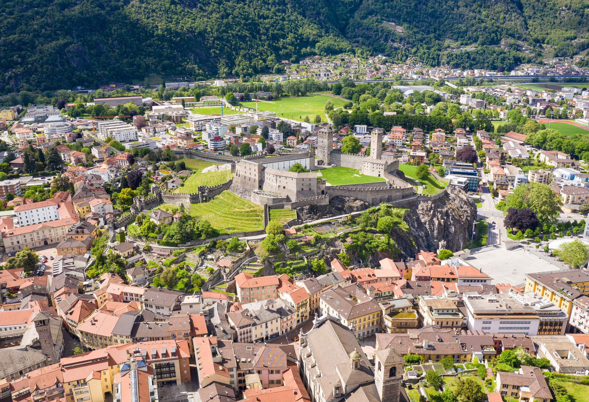 Aerial view of Bellinzona old town with its famous medieval castle in Ticino Canton capital city in Switzerland