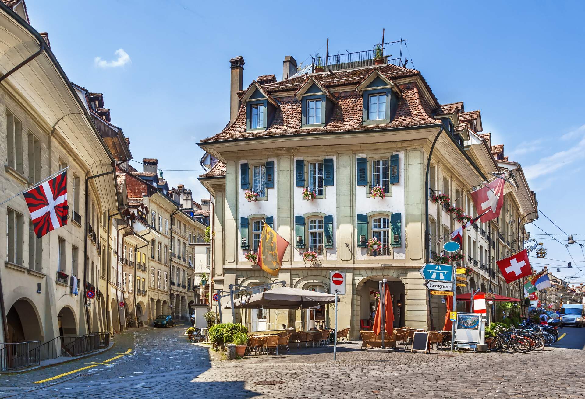 Street with historic houses in Bern downtown, Switzerland