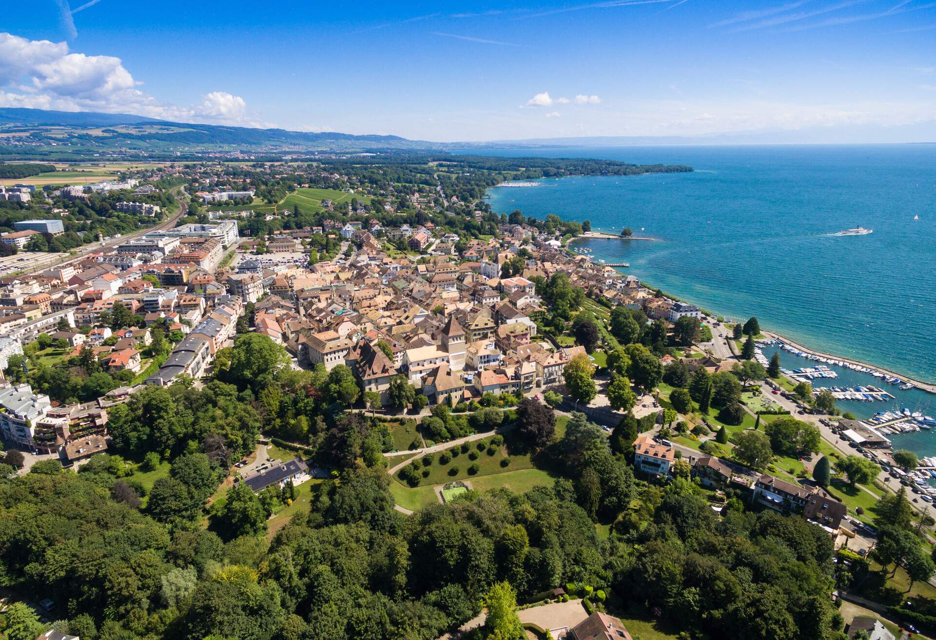 Aerial view of Nyon old city and waterfront in Switzerland