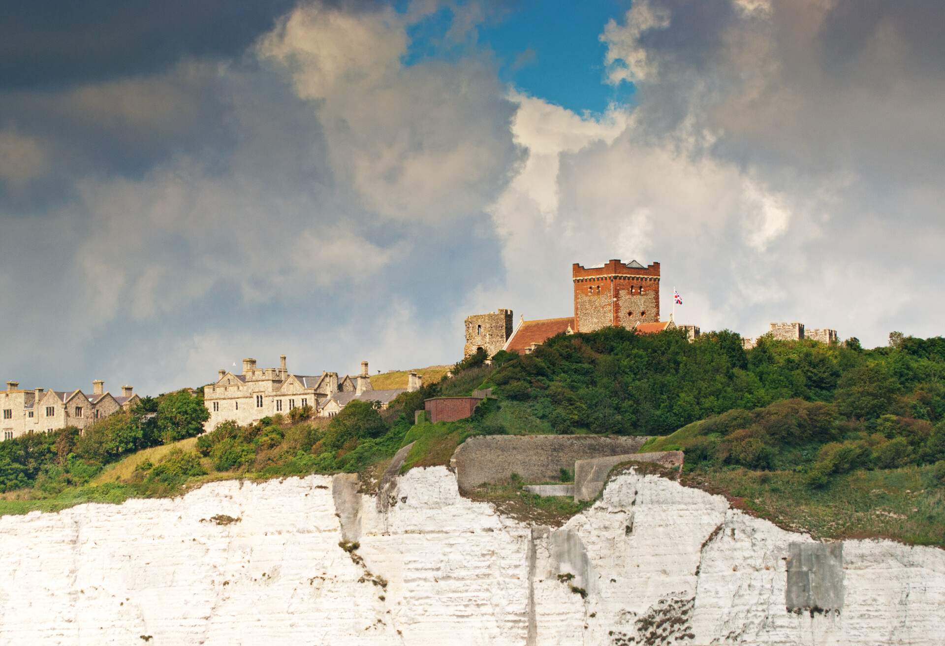 Dover and the white cliffs seen from a ferry leaving for France.