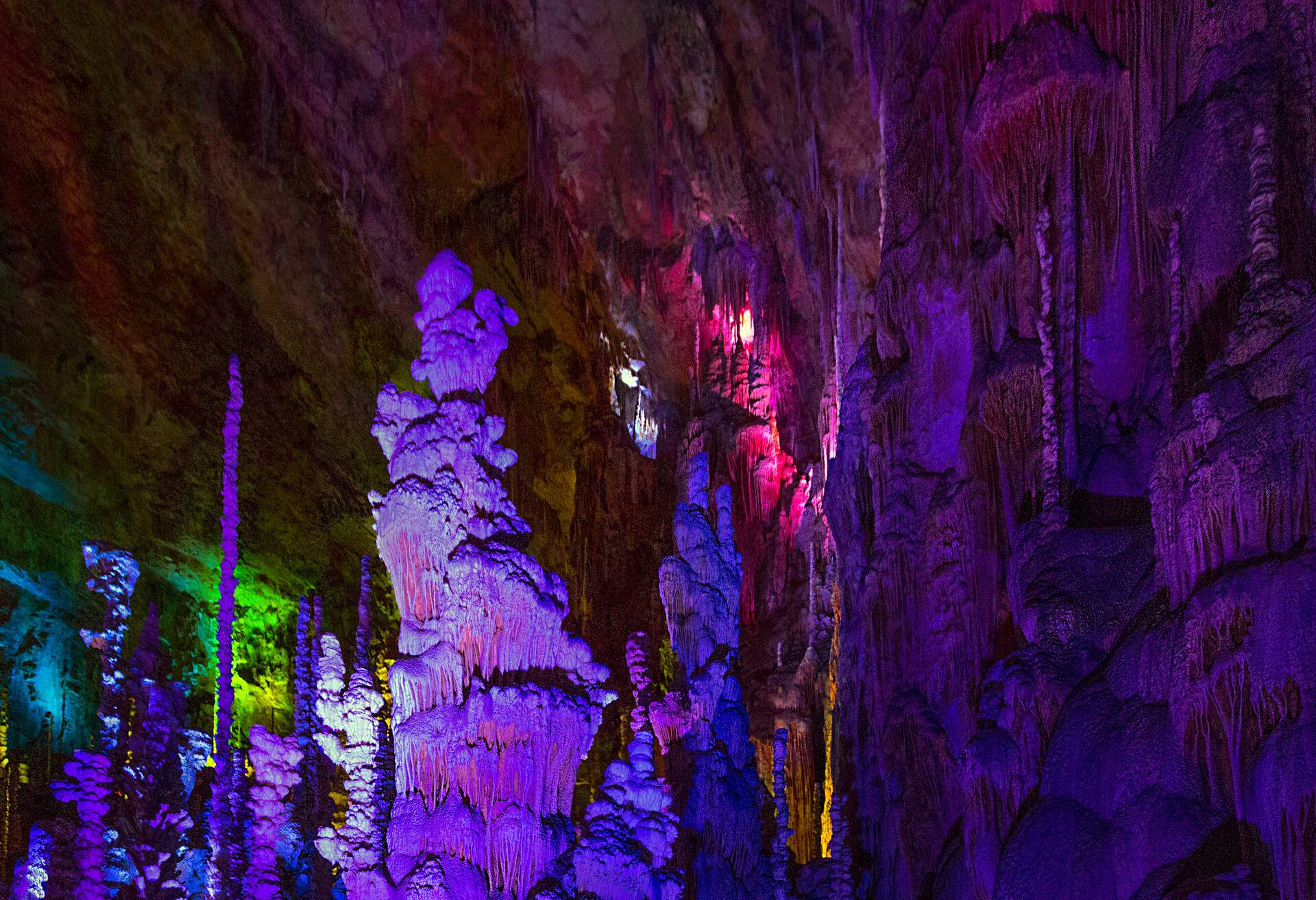 Detail of the Grotto of Aven Armand illuminated in colors