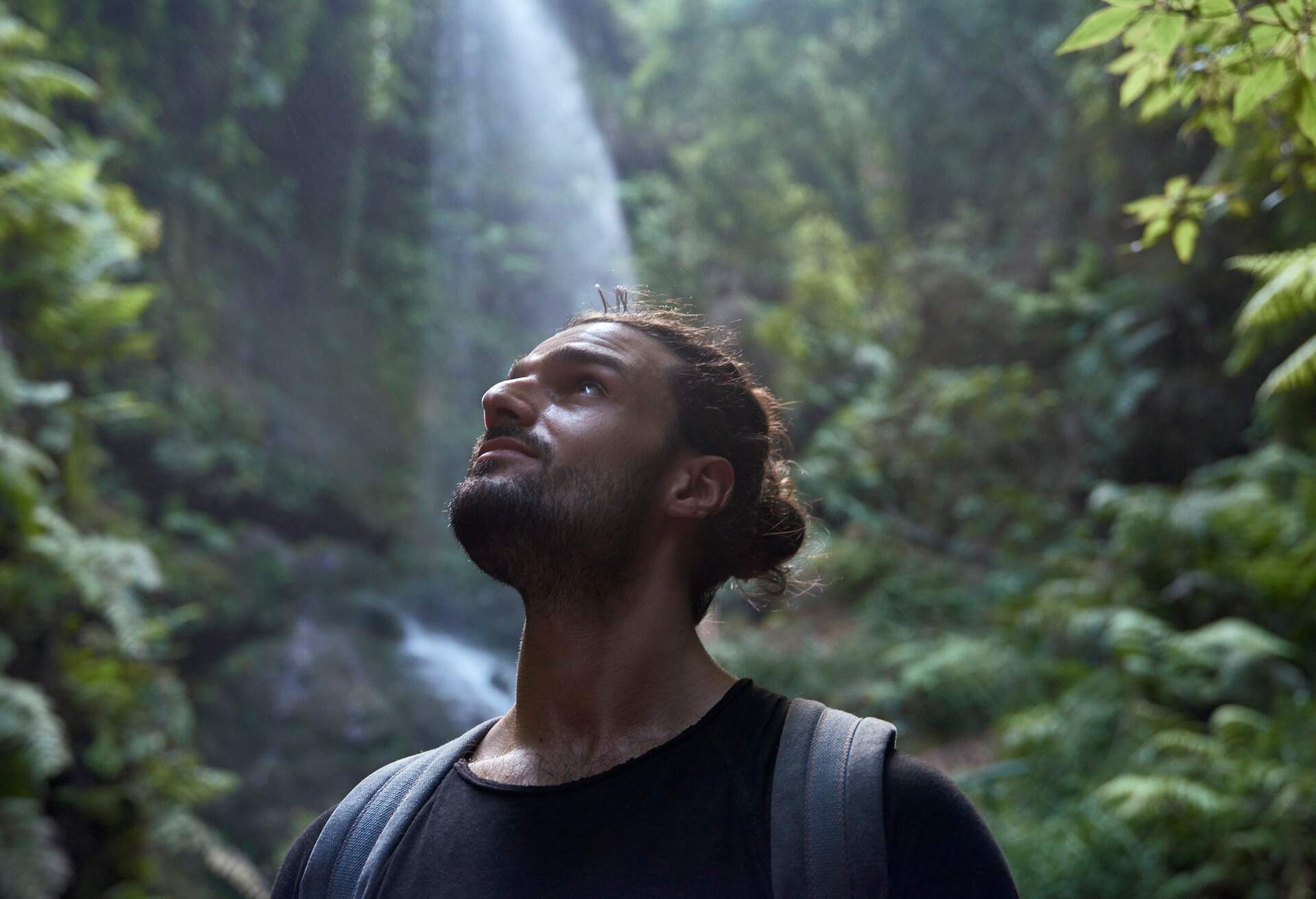 A male hiker gazing up in the forest with a waterfall in the background.