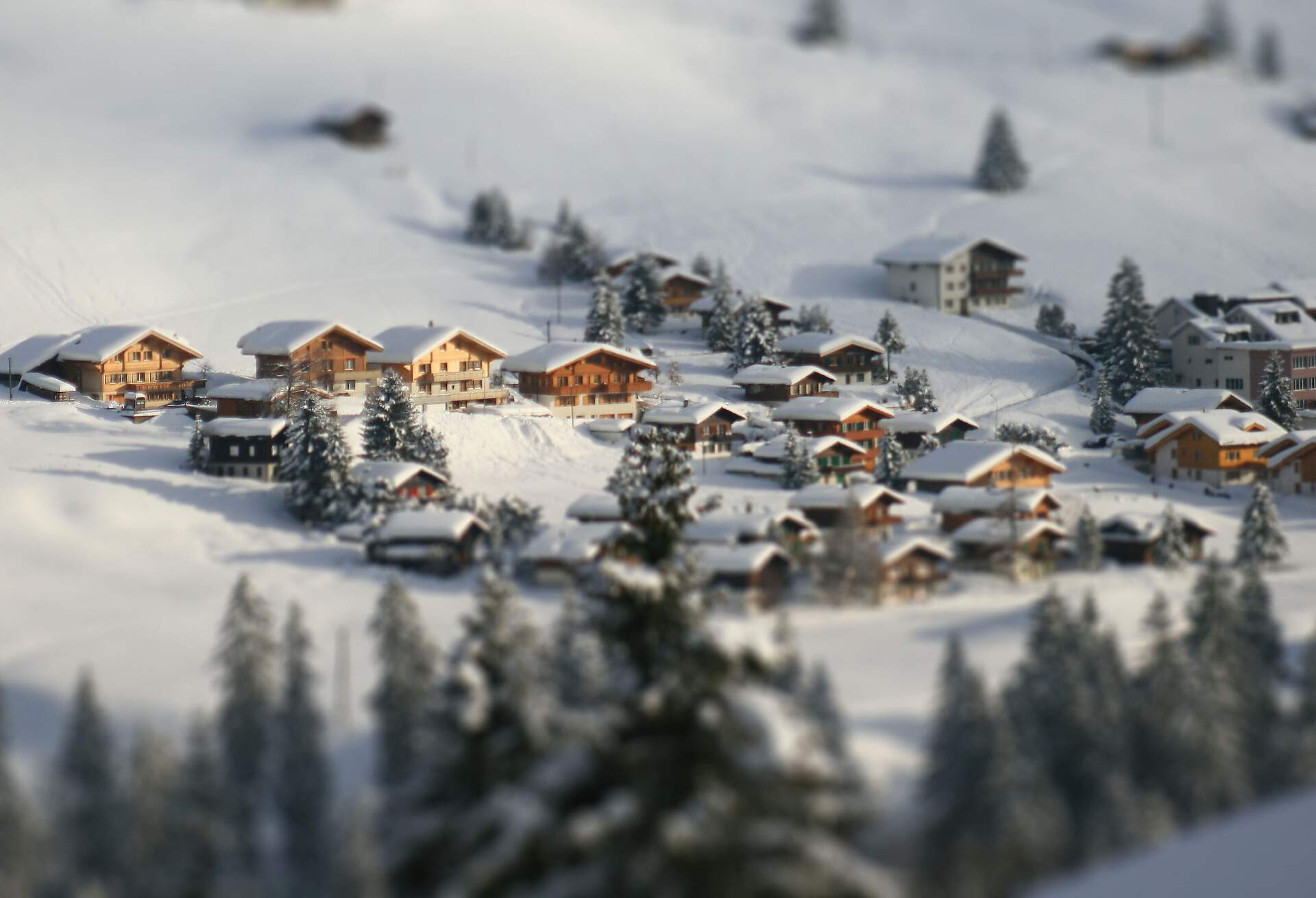 Snow covered chalets in Oberland, Swiss alps. Tilt-shift miniature effect.Chalets enneigés dans l'Oberland, dans les alpes suisses. Effet miniature.
