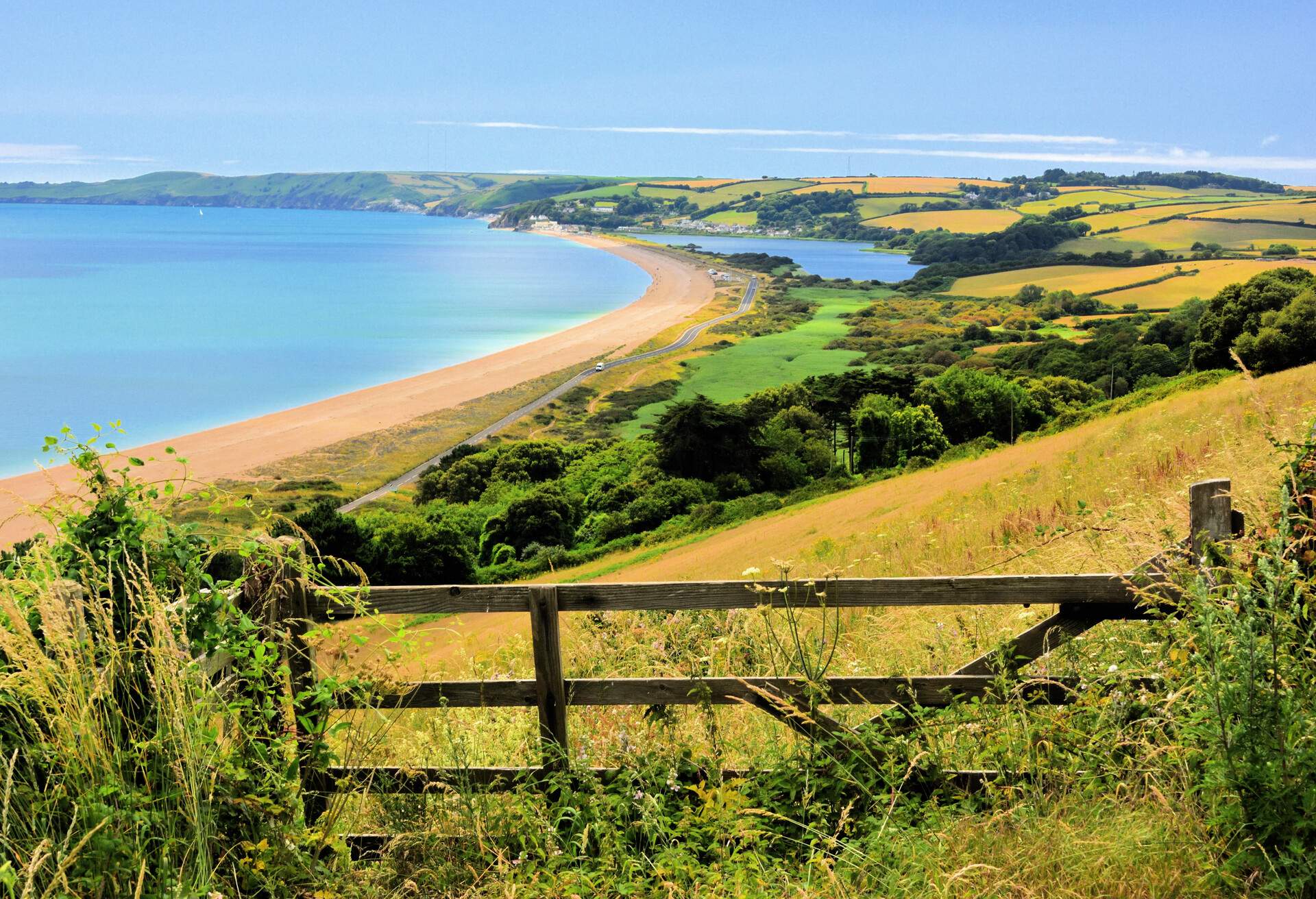 A view along the Devon coast at Slapton Sands, with The Ley at Torcross