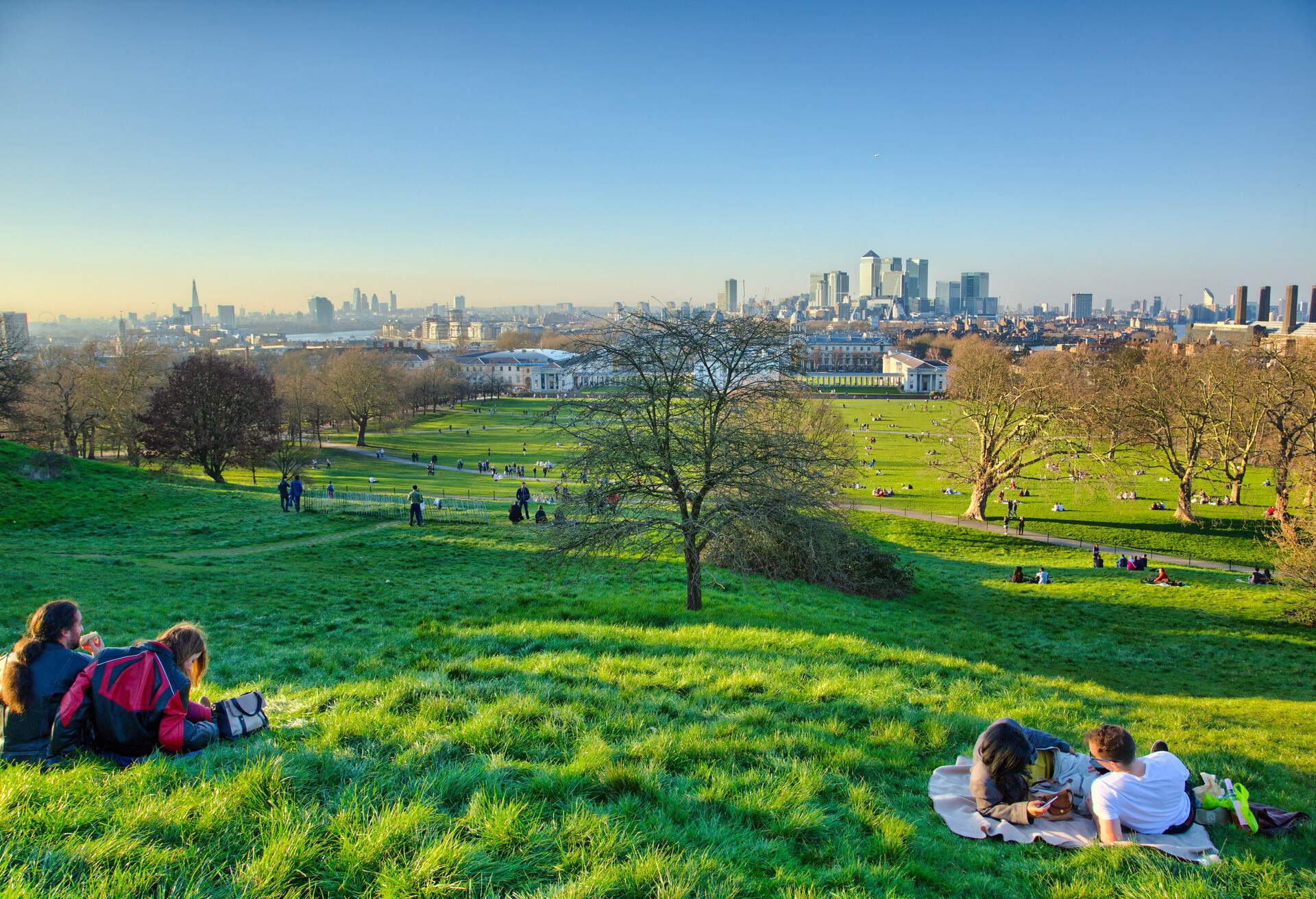 View on London Skyline from the Observatory Hill in Greenwich Park.