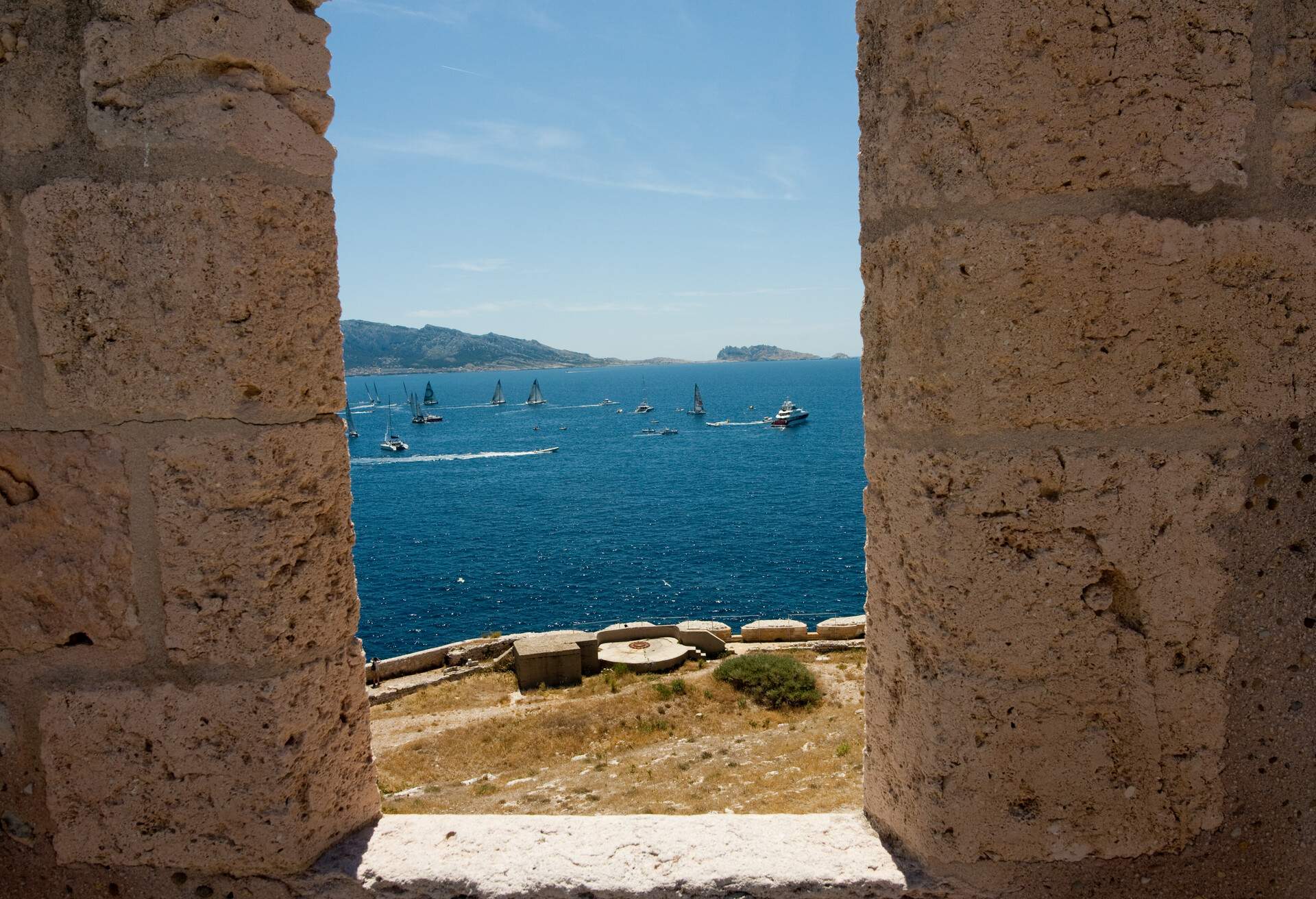 A regatta as seen from the Chateau D'if prison on an island just of Marseille France which was featured in the Count Of Monte Cristo novel