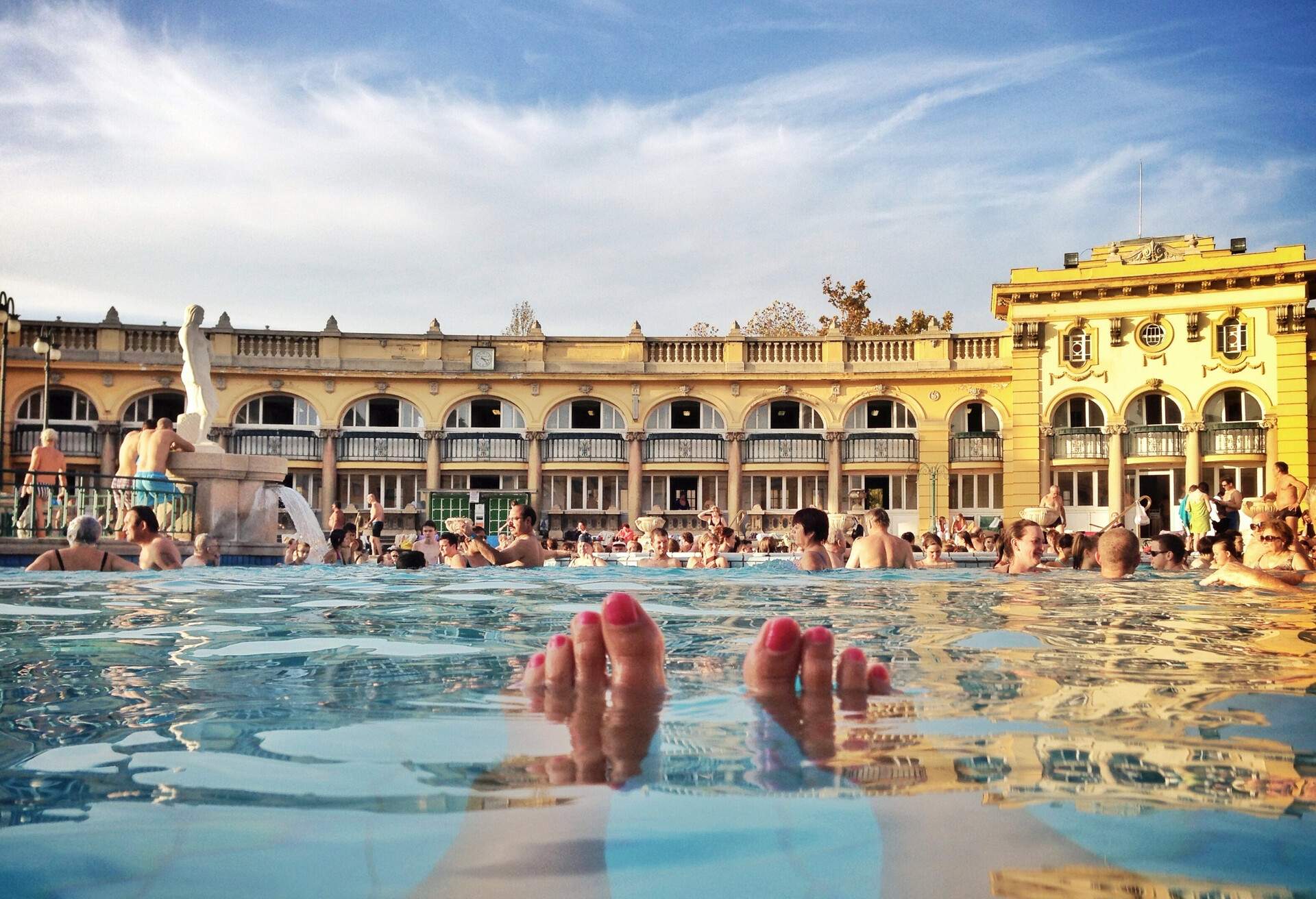 Hungarian baths culture, people bathing at Szechenyi thermal bath in Budapest