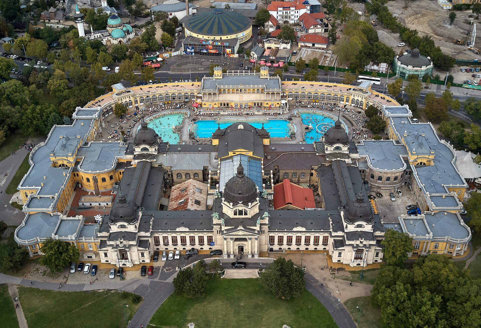 Szechenyi Baths in Budapest. aerial view of The biggest bath complex in Europe. Budapest, Hungary.