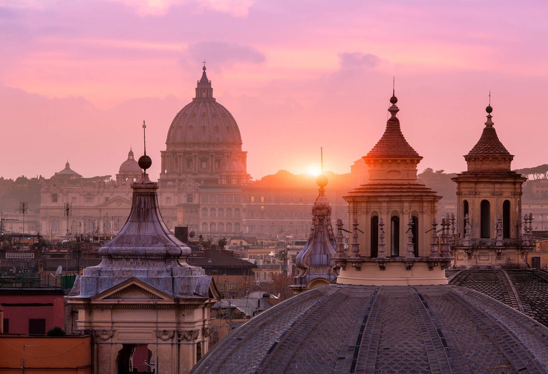 Domed roof tops of Santa Maria di Montesanto and Santa Maria dei Miracoli,  from the Pincio, Rome, Italy