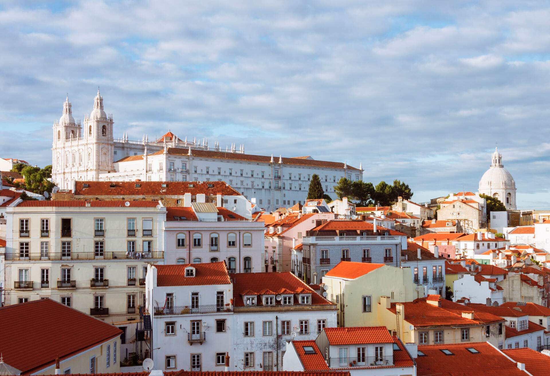 Lisbon, Portugal : Monastery and church of São Vicente de Fora as seen from the Miradouro das Portas do Sol viewpoint.