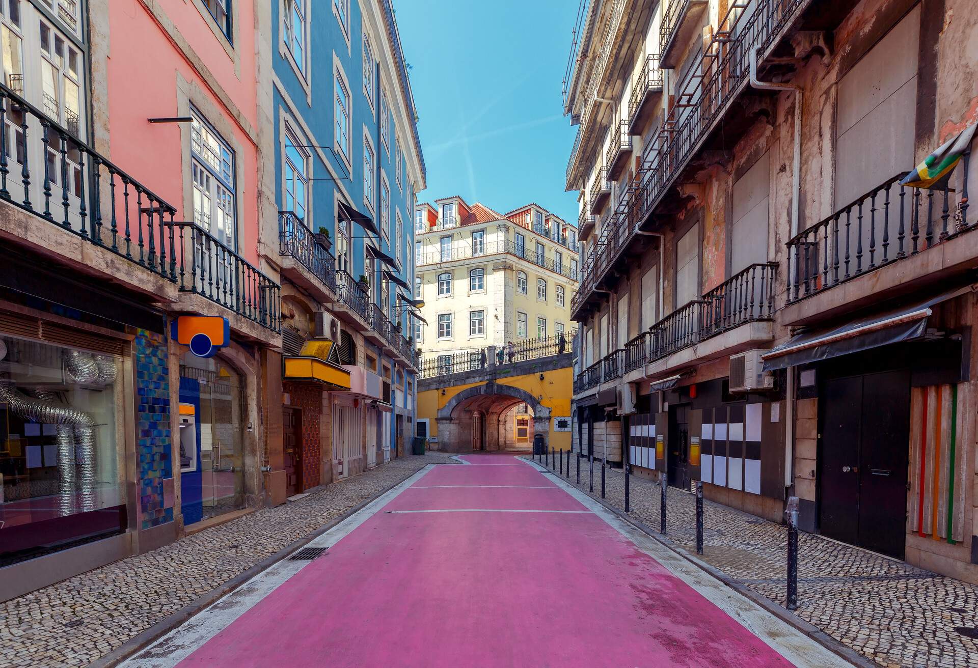 Pedestrian Pink street Rua Nova do Carvalho. Lisbon, Portugal.