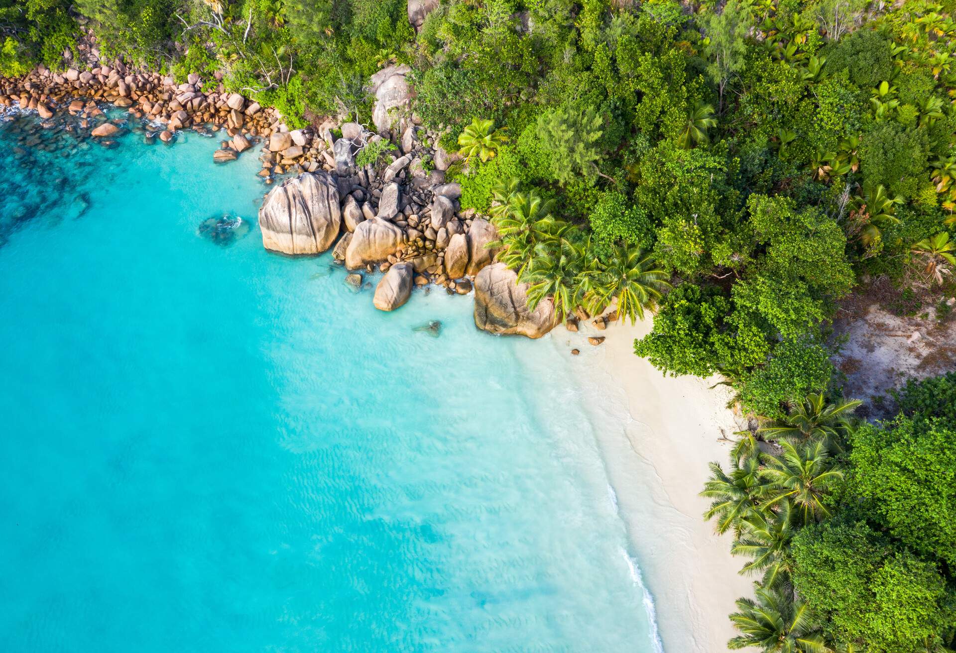 Stunning Paradise Anse Lazio beach in Praslin Island in Seychelles drone view
