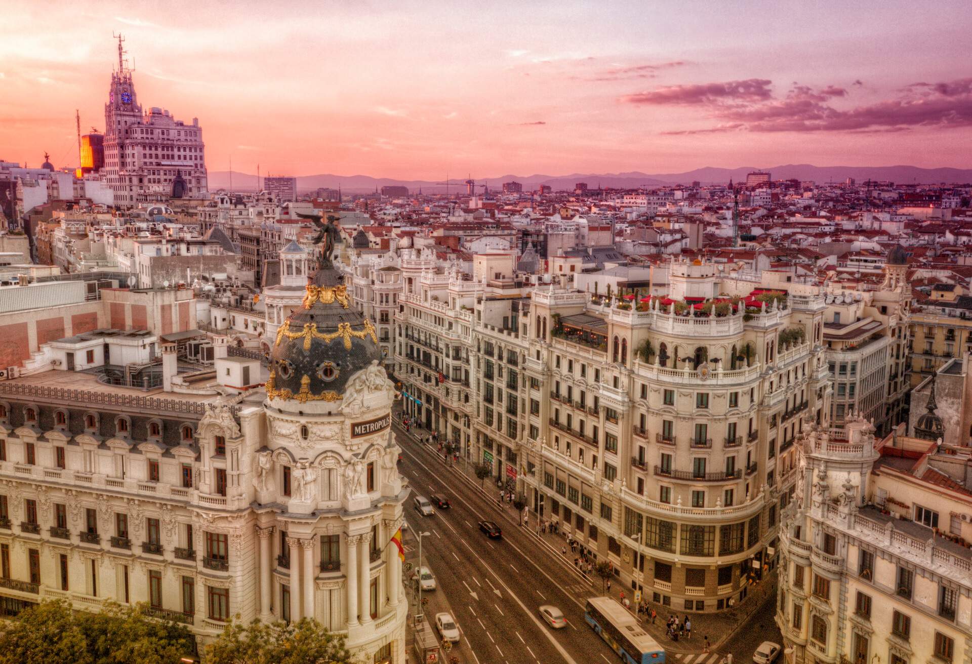 Gran Via street looks great from a higher point of view like this from a tourist roofs of the capital city of Spain.